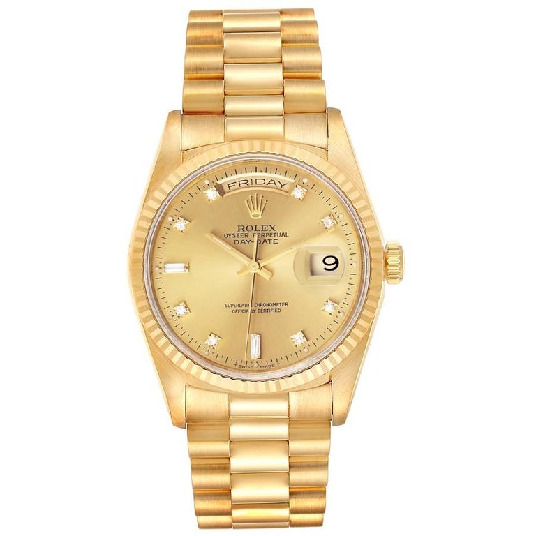 Rolex President Day-Date Yellow Gold Diamond Mens Watch 18238 For Sale ...