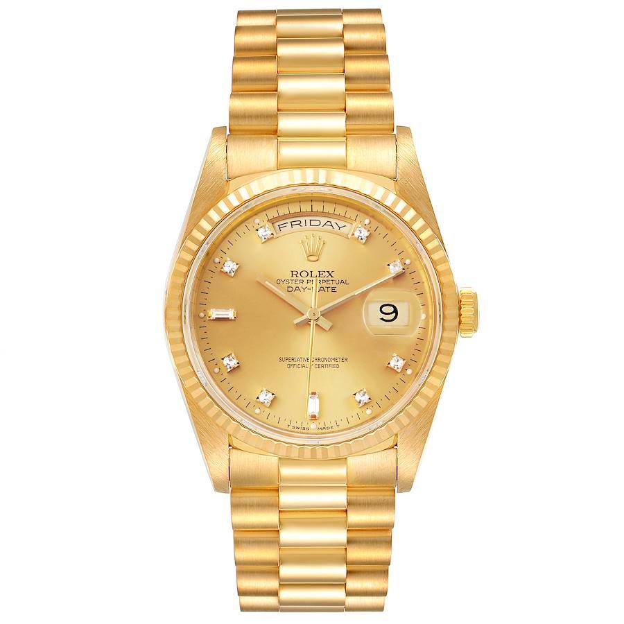 Rolex President Day-Date 36mm Yellow Gold Diamond Mens Watch 18238. Officially certified chronometer self-winding movement. 18k yellow gold oyster case 36.0 mm in diameter. Rolex logo on a crown. 18K yellow gold fluted bezel. Scratch resistant