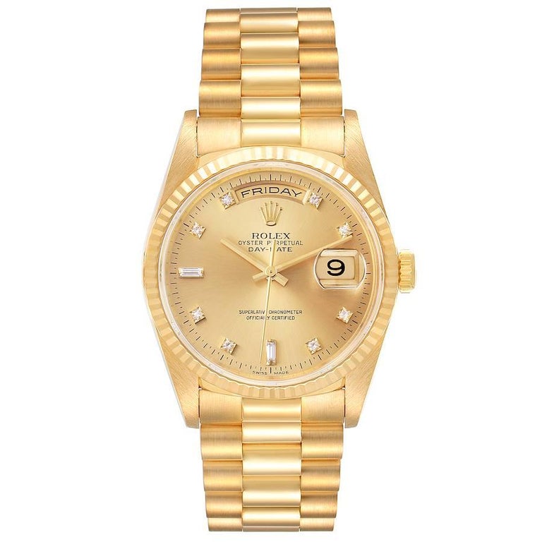 Rolex President Day-Date 36mm Yellow Gold Diamond Mens Watch 18238. Officially certified chronometer self-winding movement. 18k yellow gold oyster case 36.0 mm in diameter. Rolex logo on a crown. 18K yellow gold fluted bezel. Scratch resistant