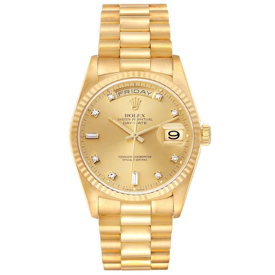 Rolex President Day-Date 36mm Yellow Gold Diamond Mens Watch 18238. Officially certified chronometer self-winding movement. 18k yellow gold oyster case 36.0 mm in diameter. Rolex logo on a crown. 18K yellow gold fluted bezel. Scratch resistant