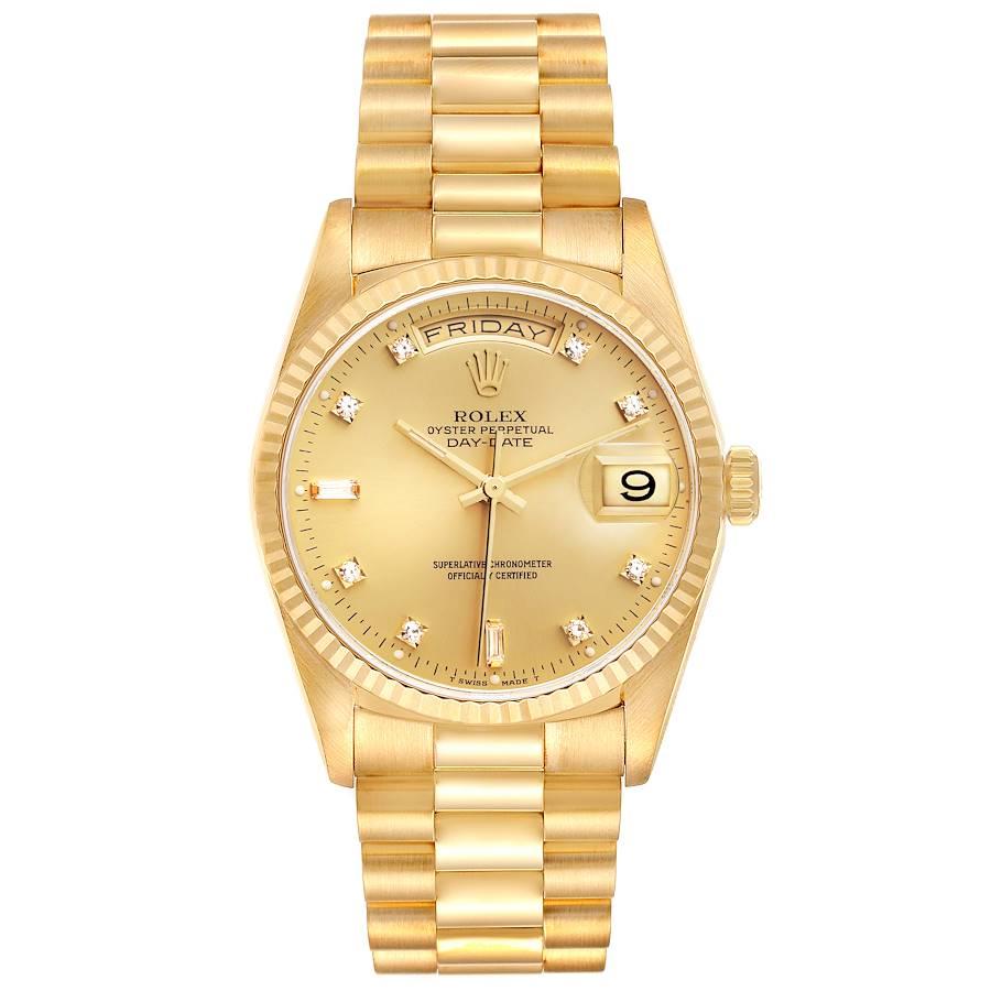 Rolex President Day-Date 36mm Gelbgold Diamant Herrenuhr 18238. Offiziell zertifiziertes Chronometerwerk mit automatischem Aufzug. oyster-Gehäuse aus 18 Karat Gelbgold mit einem Durchmesser von 36,0 mm. Rolex-Logo auf einer Krone. geriffelte Lünette