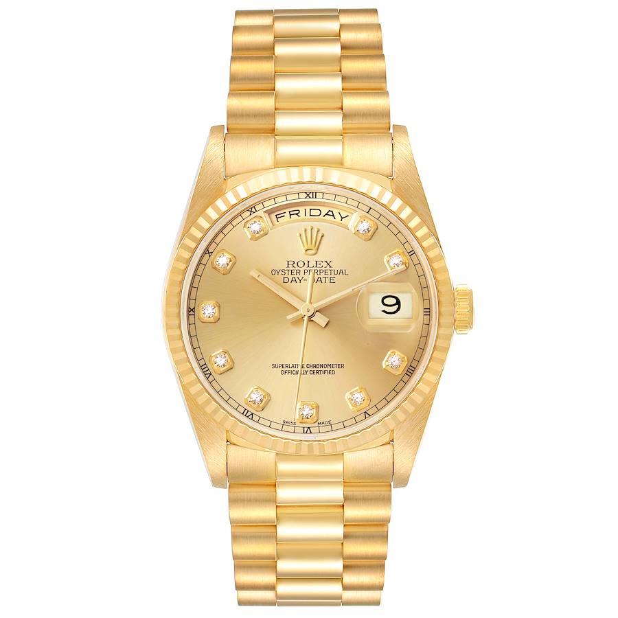 Rolex President Day-Date 36mm Gelbgold Diamant Herrenuhr 18238. Offiziell zertifiziertes Chronometerwerk mit automatischem Aufzug. Oyster-Gehäuse aus 18 Karat Gelbgold mit einem Durchmesser von 36,0 mm. Rolex Logo auf einer Krone. Geriffelte Lünette