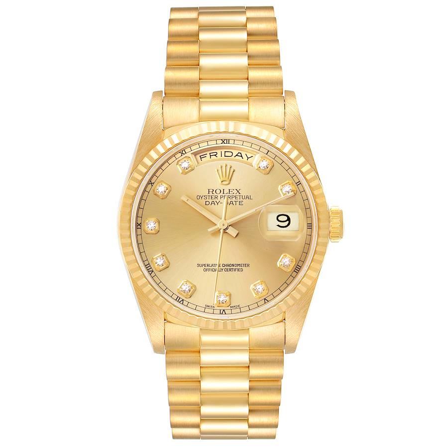 Rolex President Day-Date 36mm Yellow Gold Diamond Mens Watch 18238. Officially certified chronometer self-winding movement. 18k yellow gold oyster case 36.0 mm in diameter. Rolex logo on a crown. 18K yellow gold fluted bezel. Scratch resistant