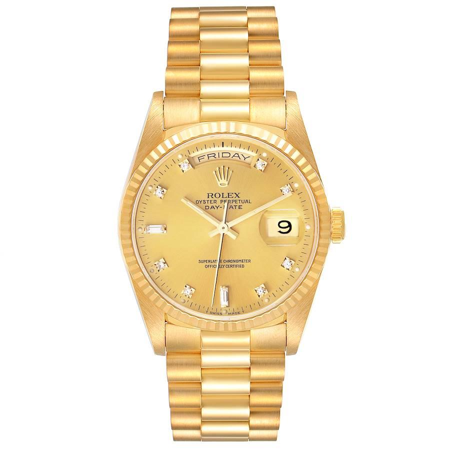 
Rolex President Day-Date 36mm Yellow Gold Diamond Mens Watch 18238. Officially certified chronometer self-winding movement. 18k yellow gold oyster case 36.0 mm in diameter. Rolex logo on a crown. 18K yellow gold fluted bezel. Scratch resistant