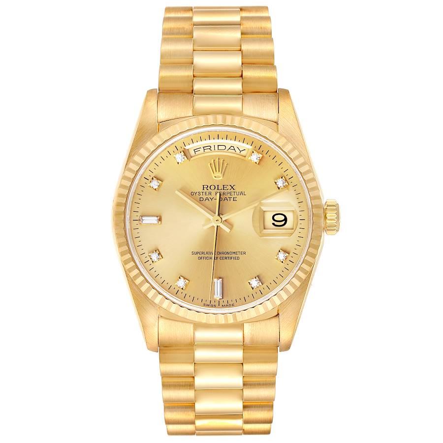 Rolex President Day-Date 36mm Yellow Gold Diamond Mens Watch 18238 Papers. Officially certified chronometer self-winding movement. 18k yellow gold oyster case 36.0 mm in diameter. Rolex logo on a crown. 18K yellow gold fluted bezel. Scratch
