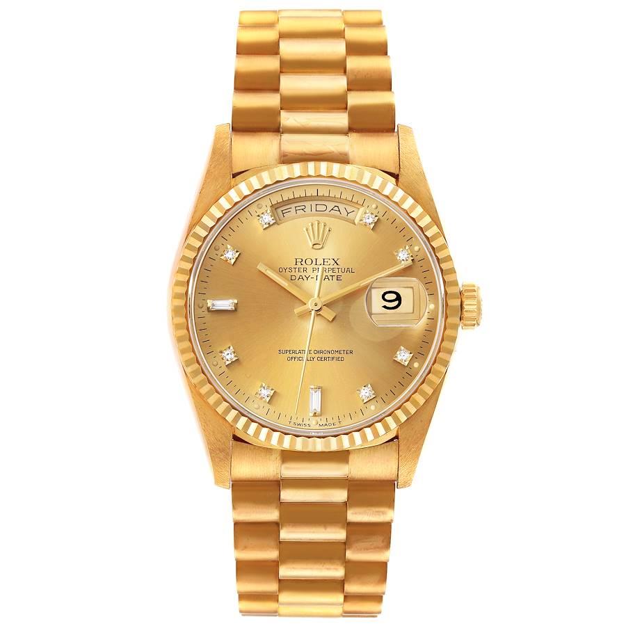 Rolex President Day-Date 36mm Yellow Gold Diamond Mens Watch 18238 Unworn NOS. Officially certified chronometer self-winding movement. 18k yellow gold oyster case 36.0 mm in diameter. Rolex logo on a crown. 18K yellow gold fluted bezel. Scratch
