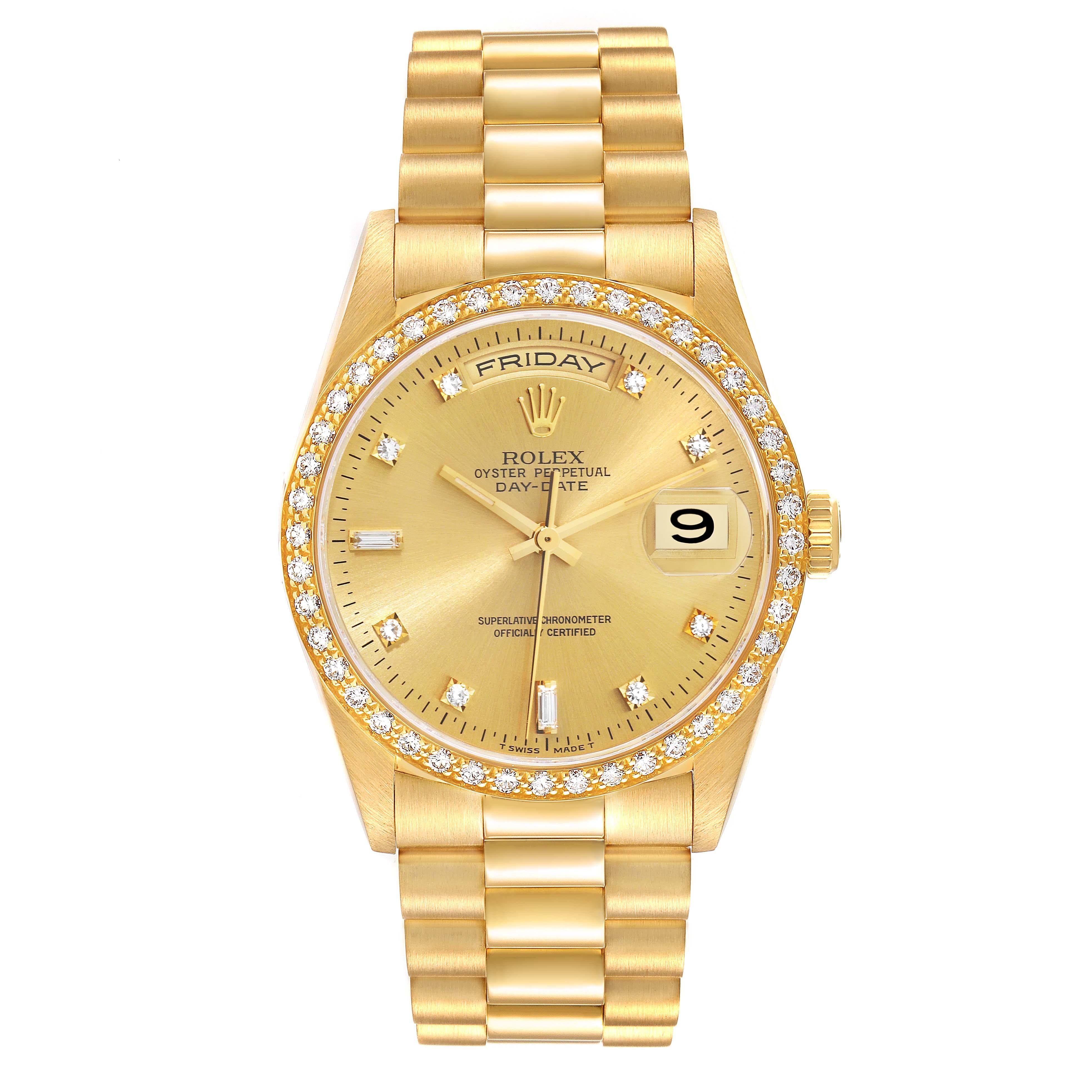 Rolex President Day Date 36mm Yellow Gold Diamond Mens Watch 18348 Box Papers. Officially certified chronometer automatic self-winding movement. 18k yellow gold oyster case 36 mm in diameter. Rolex logo on a crown. Original Rolex factory 18K yellow