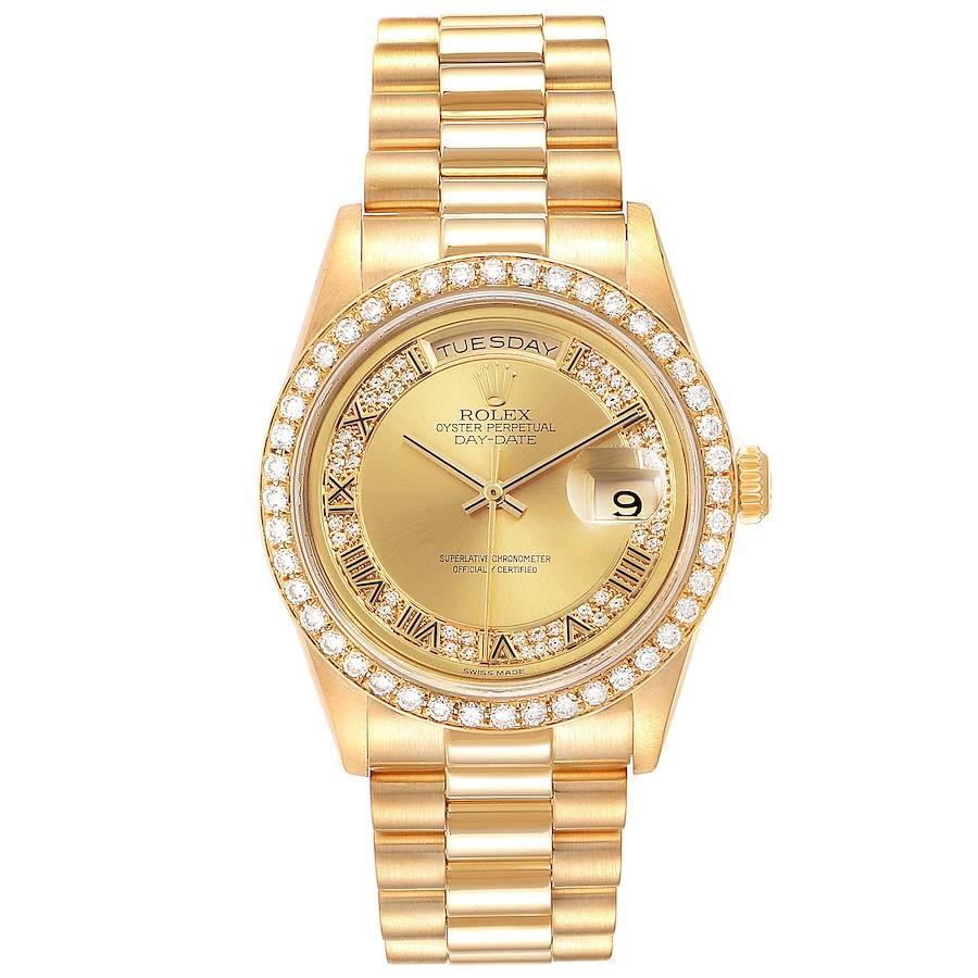 Rolex President Day Date 36mm Yellow Gold Diamond Mens Watch 18348. Officially certified chronometer self-winding movement. 18k yellow gold oyster case 36 mm in diameter. Rolex logo on a crown. Original Rolex 18K yellow gold diamond bezel. Scratch