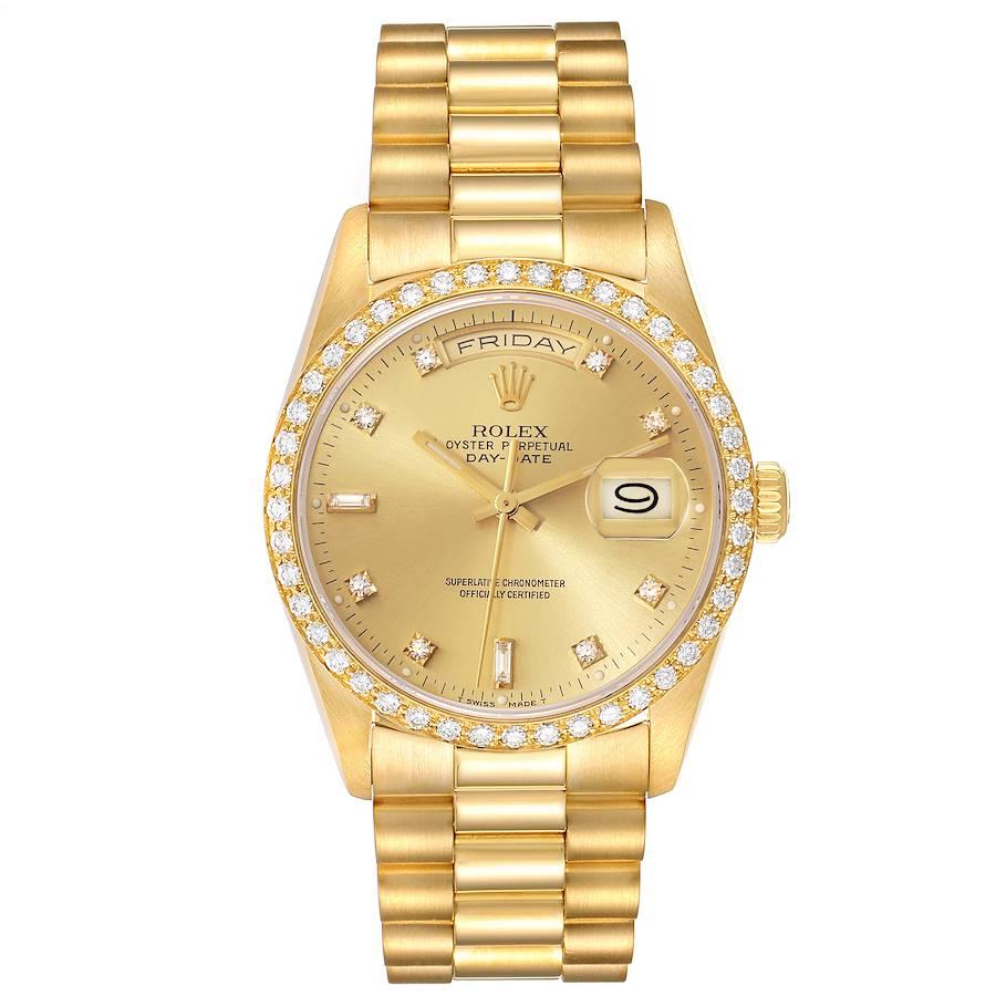 Rolex President Day Date 36mm Yellow Gold Diamond Mens Watch 18348. Officially certified chronometer self-winding movement. 18k yellow gold oyster case 36 mm in diameter. Rolex logo on a crown. Original Rolex 18K yellow gold diamond bezel. Scratch