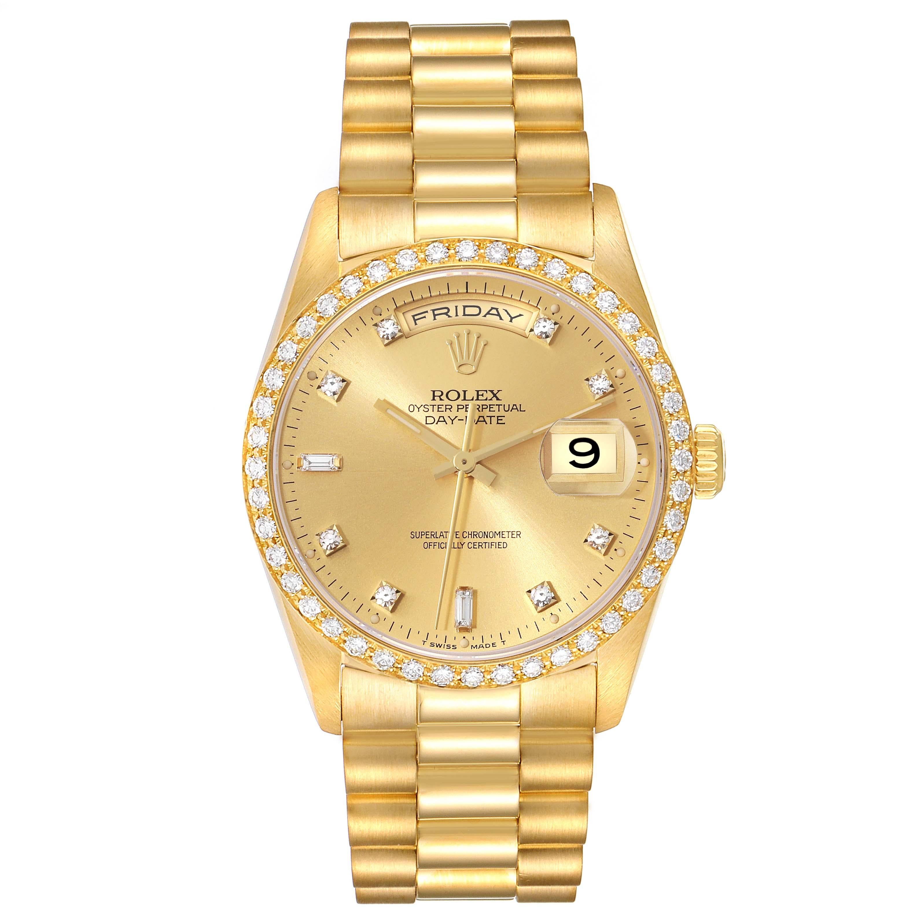 Rolex President Day Date 36mm Gelbgold Diamant Herrenuhr 18348. Offiziell zertifiziertes Chronometerwerk mit automatischem Aufzug. Oyster-Gehäuse aus 18 Karat Gelbgold mit einem Durchmesser von 36 mm. Rolex Logo auf einer Krone. Original Rolex