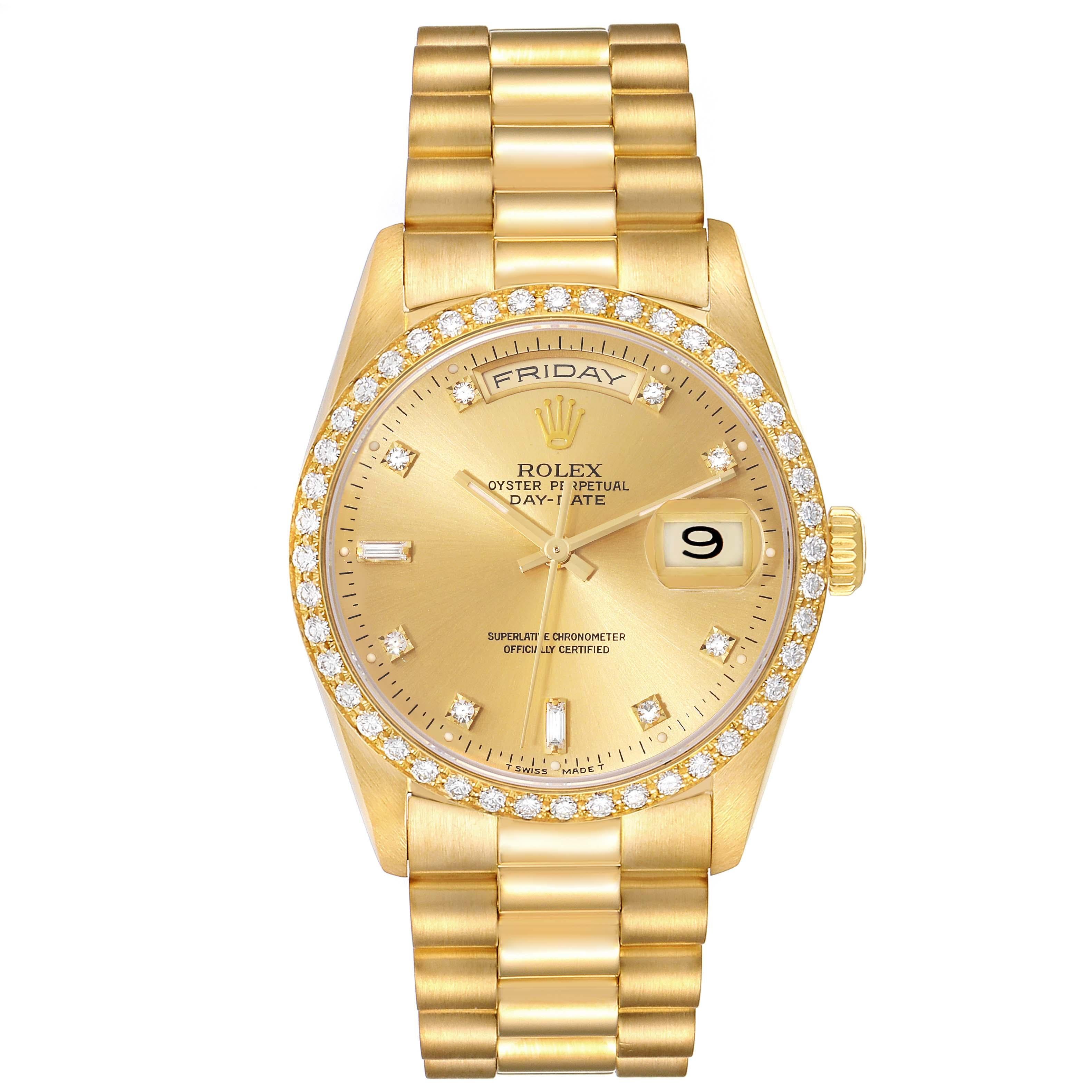 Rolex President Day Date 36mm Yellow Gold Diamond Mens Watch 18348. Officially certified chronometer self-winding movement. 18k yellow gold oyster case 36 mm in diameter. Rolex logo on a crown. Original Rolex factory 18K yellow gold diamond bezel.