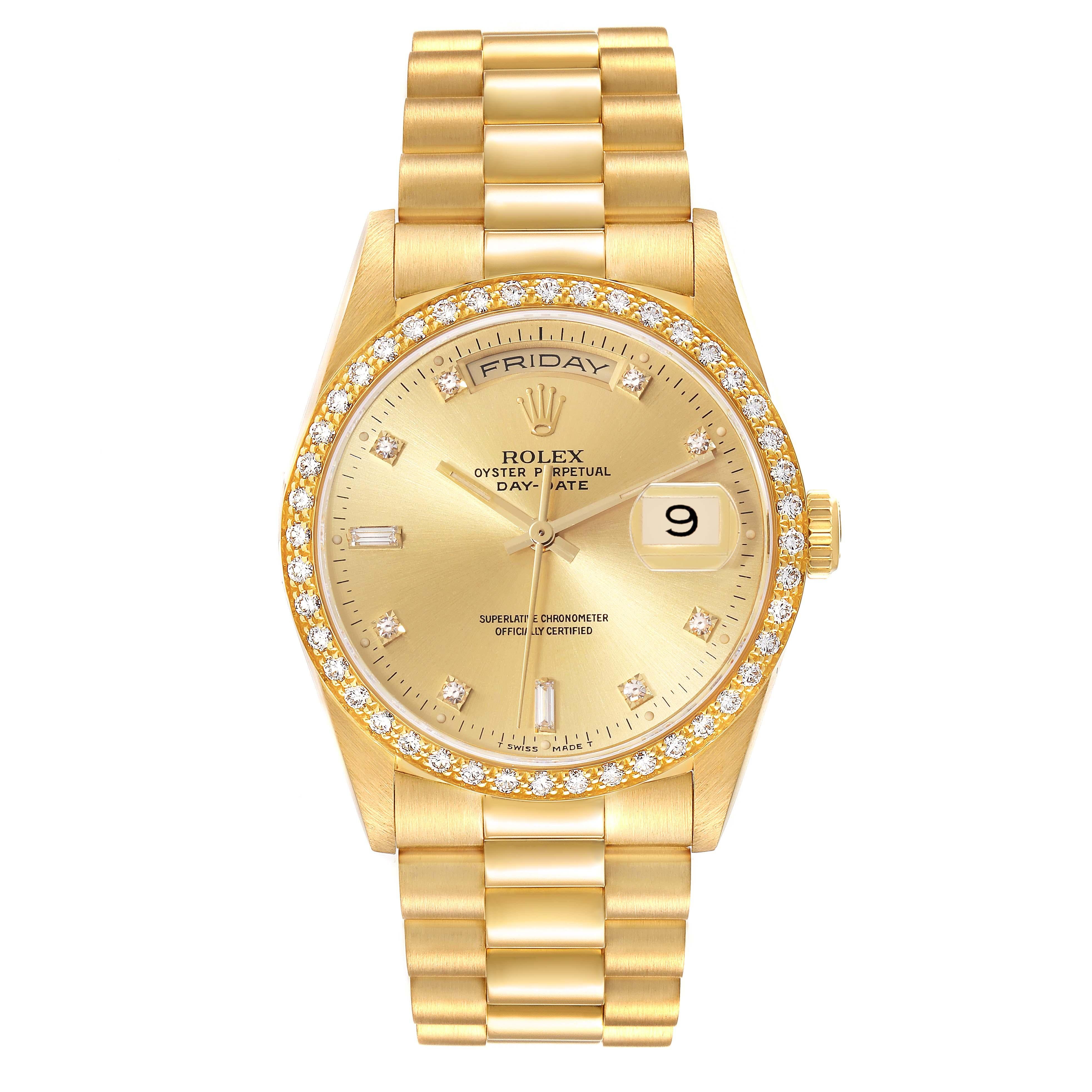 Rolex President Day Date 36mm Yellow Gold Diamond Mens Watch 18348. Officially certified chronometer automatic self-winding movement. 18k yellow gold oyster case 36 mm in diameter. Rolex logo on a crown. Original Rolex factory 18K yellow gold