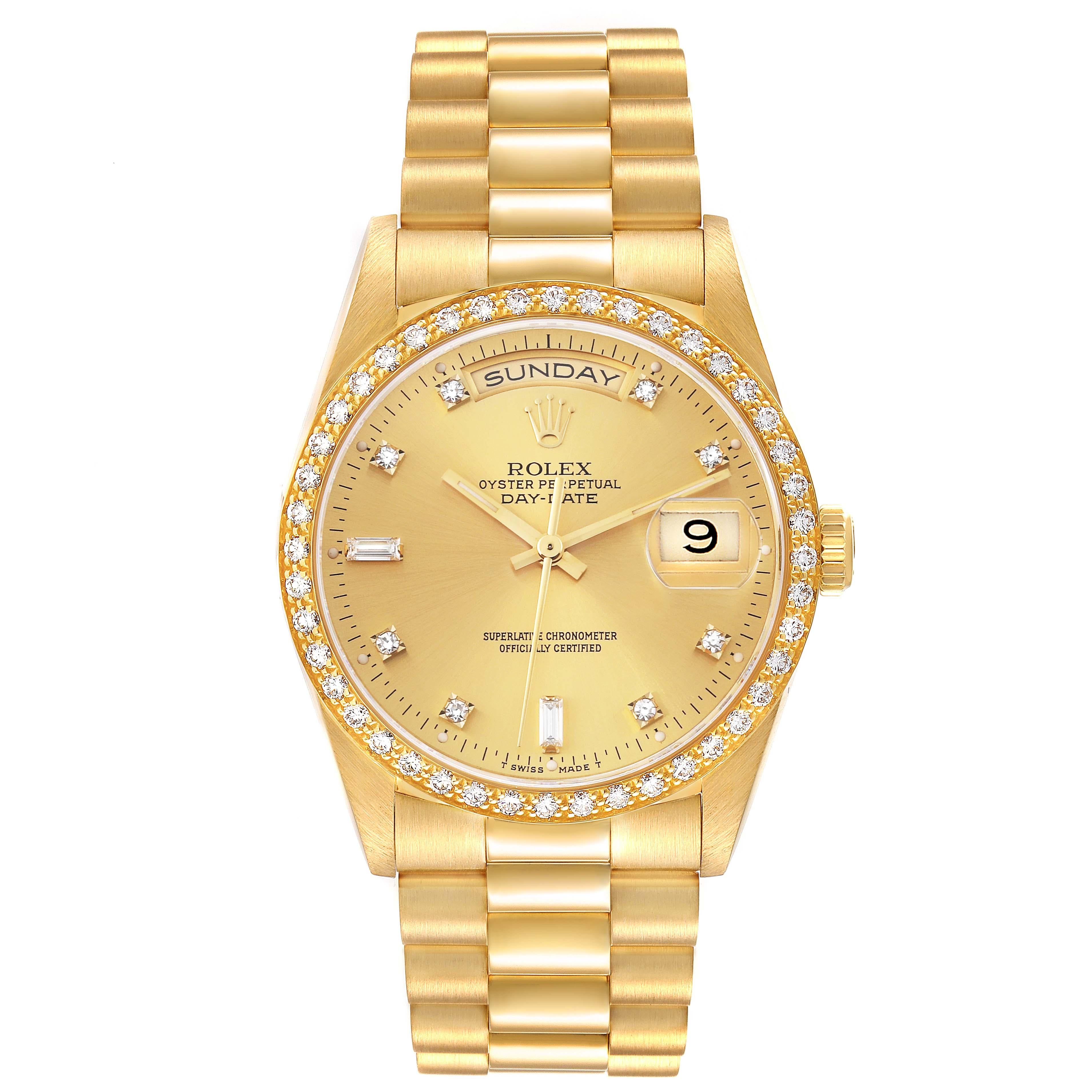 Rolex President Day Date 36mm Yellow Gold Diamond Mens Watch 18348. Officially certified chronometer self-winding movement. 18k yellow gold oyster case 36 mm in diameter. Rolex logo on a crown. Original Rolex factory 18K yellow gold diamond bezel.