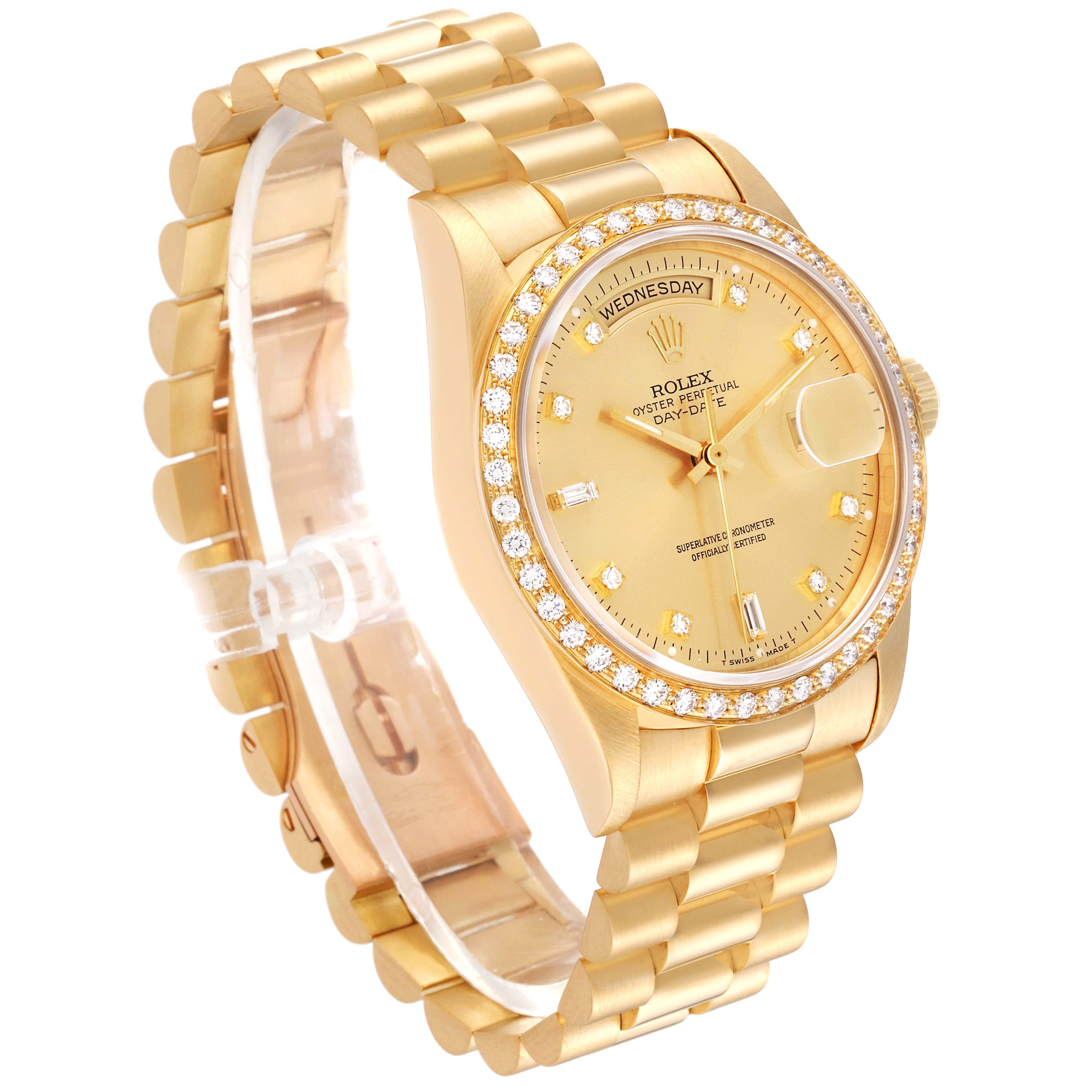 Rolex President Day Date 36mm Yellow Gold Diamond Mens Watch 18348. Officially certified chronometer automatic self-winding movement. 18k yellow gold oyster case 36 mm in diameter. Rolex logo on a crown. Original Rolex factory 18K yellow gold