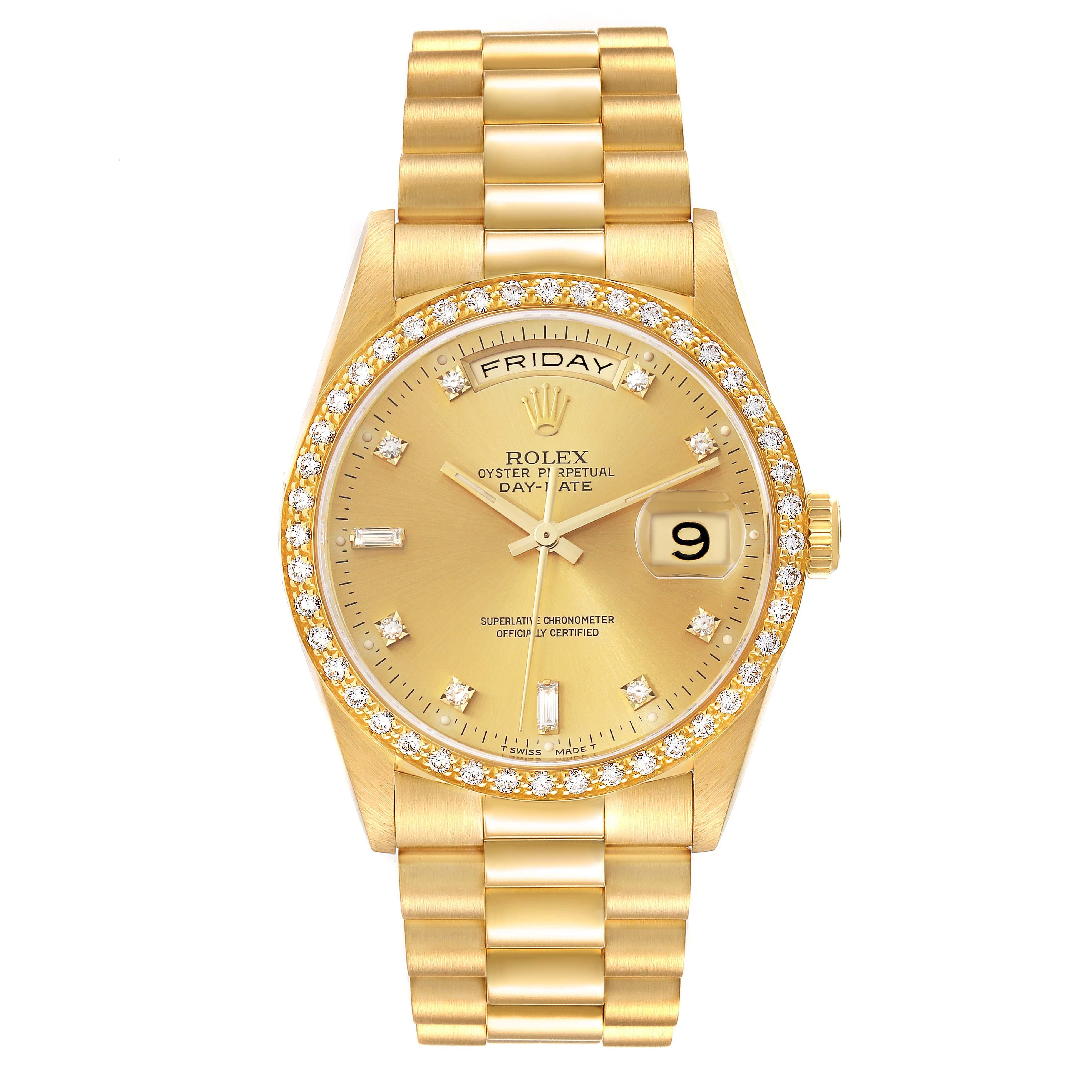 Rolex President Day Date 36mm Yellow Gold Diamond Mens Watch 18348 For Sale 1