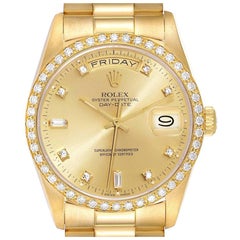 Rolex President Day Date 36mm Yellow Gold Diamond Mens Watch 18348