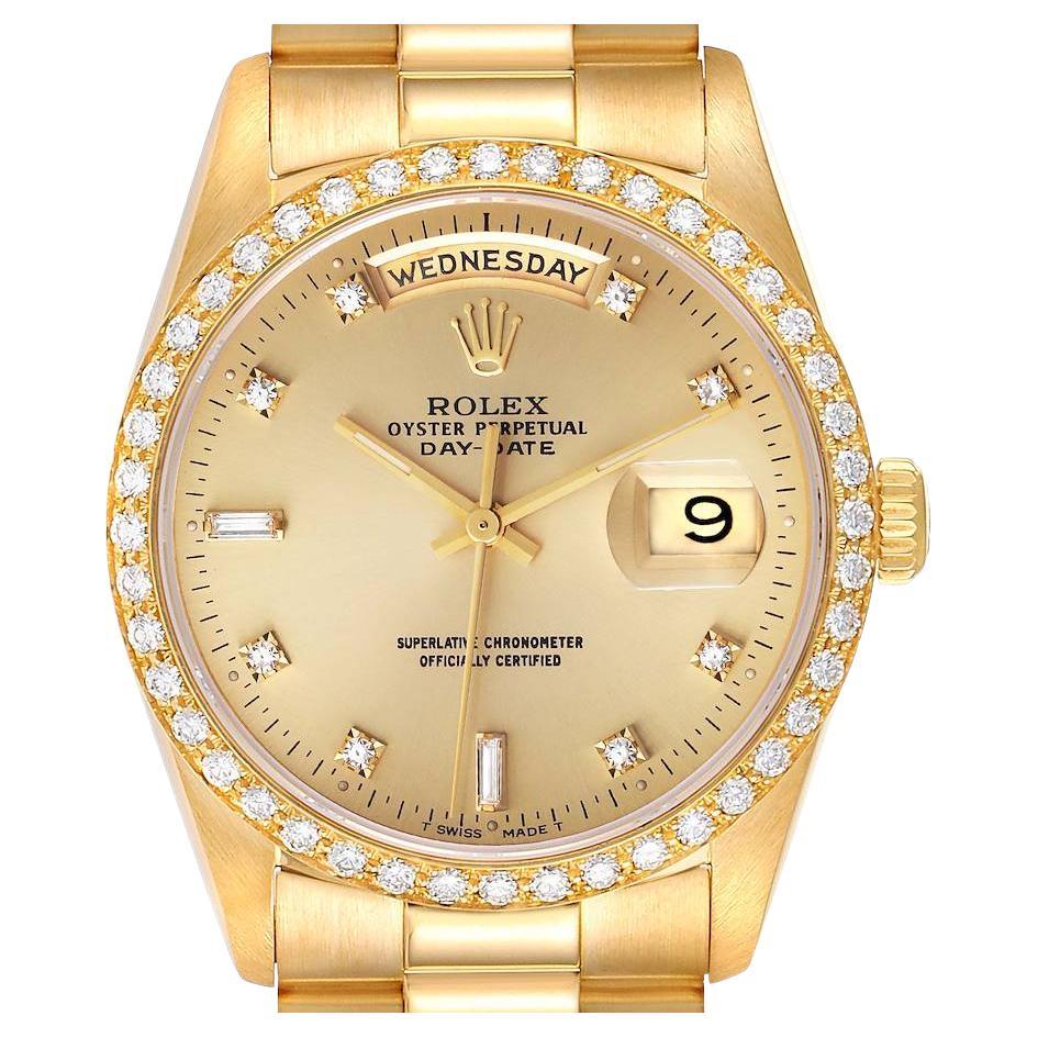 Rolex President Day Date Yellow Gold Diamond Mens Watch 18348