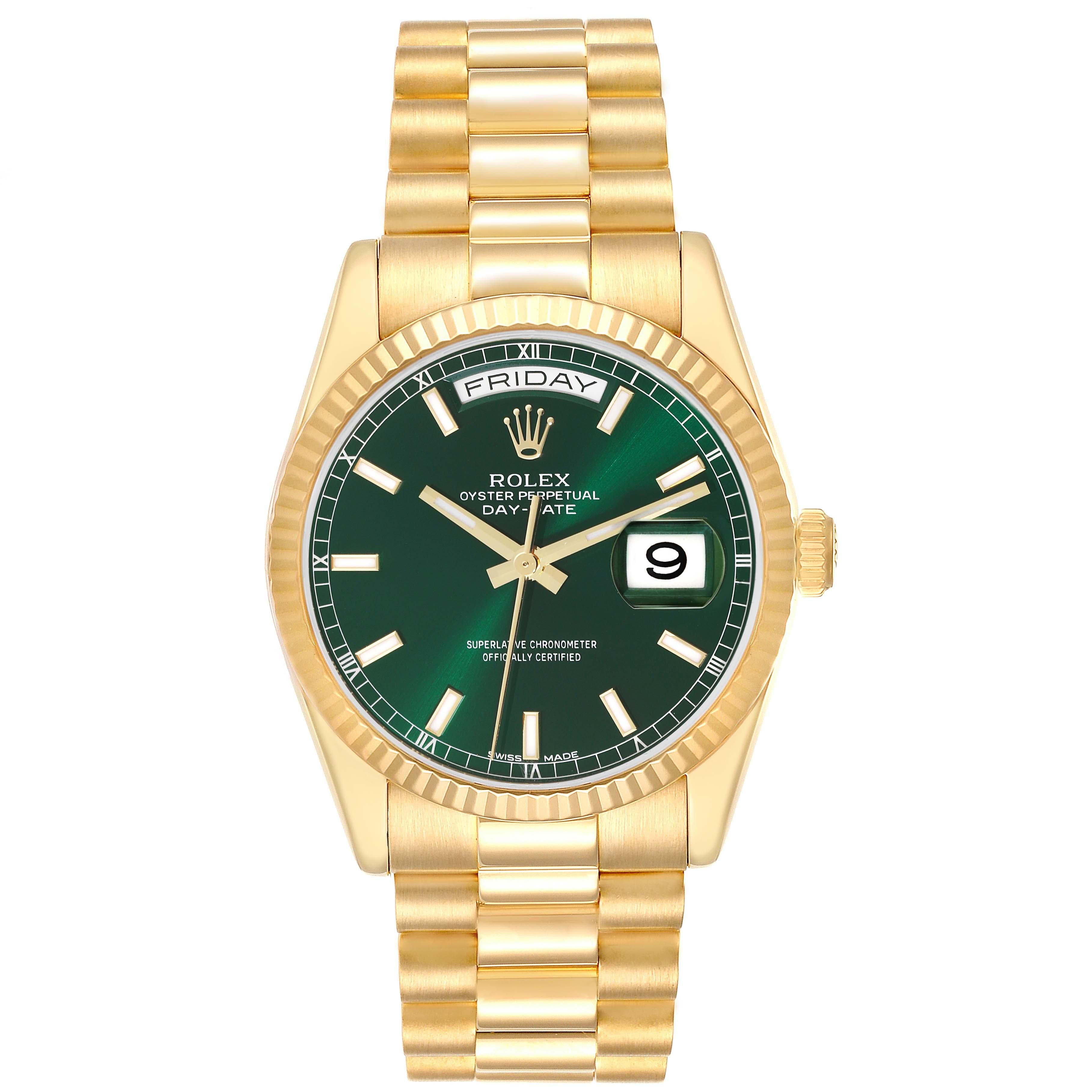 Rolex President Day Date 36mm Yellow Gold Green Dial Mens Watch 118238 Box Card. Officially certified chronometer self-winding movement. 18k yellow gold oyster case 36.0 mm in diameter. Rolex logo on a crown. 18K yellow gold fluted bezel. Scratch