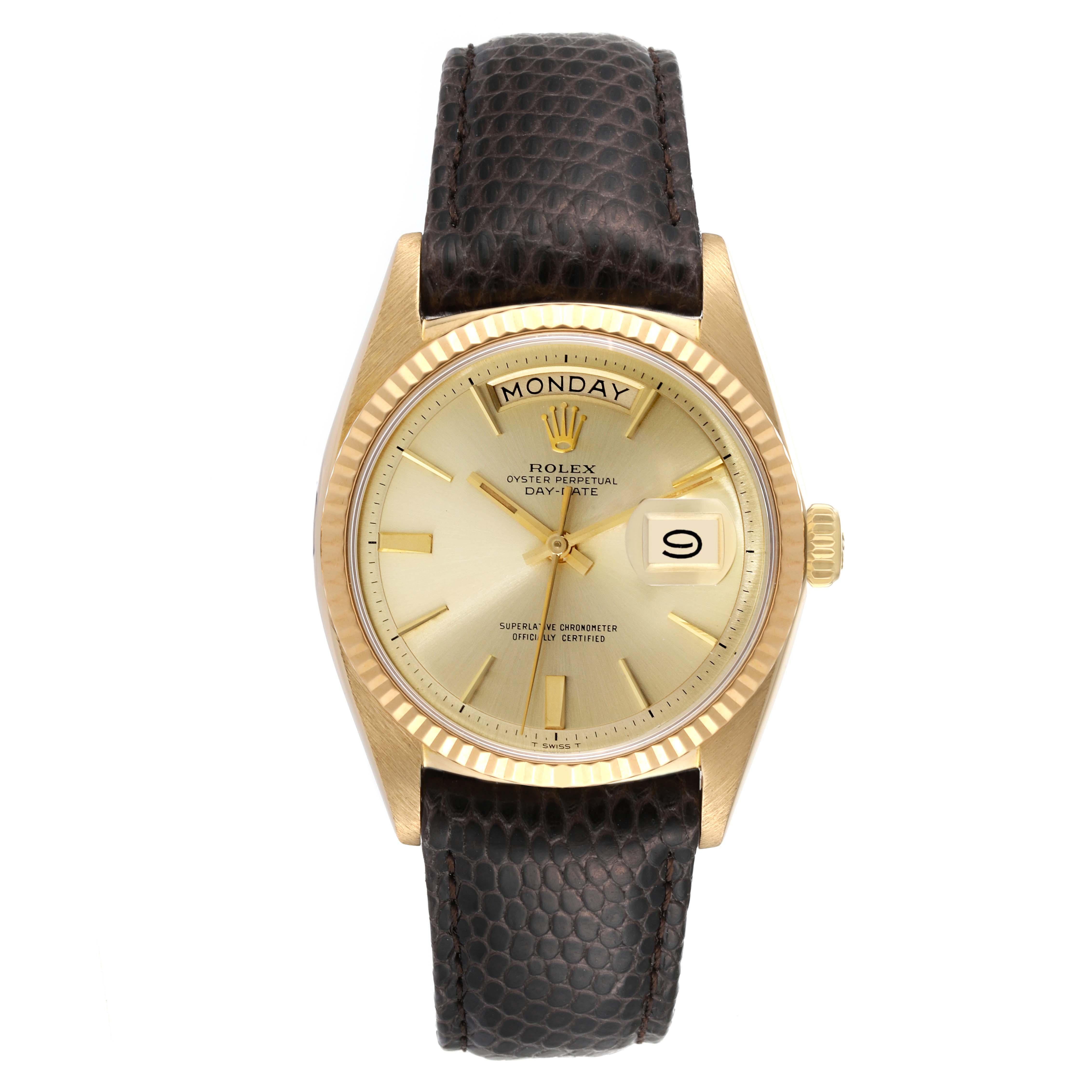 Rolex President Day-Date 36mm Yellow Gold Leather Strap Vintage Mens Watch 1803. Officially certified chronometer automatic self-winding movement. 18k yellow gold oyster case 36.0 mm in diameter. Rolex logo on a crown. 18k yellow gold fluted bezel.