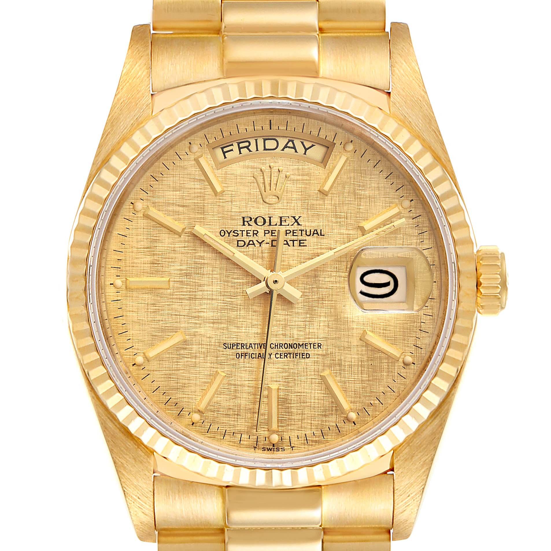 Rolex President Day-Date 36mm Yellow Gold Linen Dial Mens Watch 18038. Officially certified chronometer self-winding movement. 18k yellow gold oyster case 36.0 mm in diameter. Rolex logo on a crown. 18k yellow gold fluted bezel. Scratch resistant