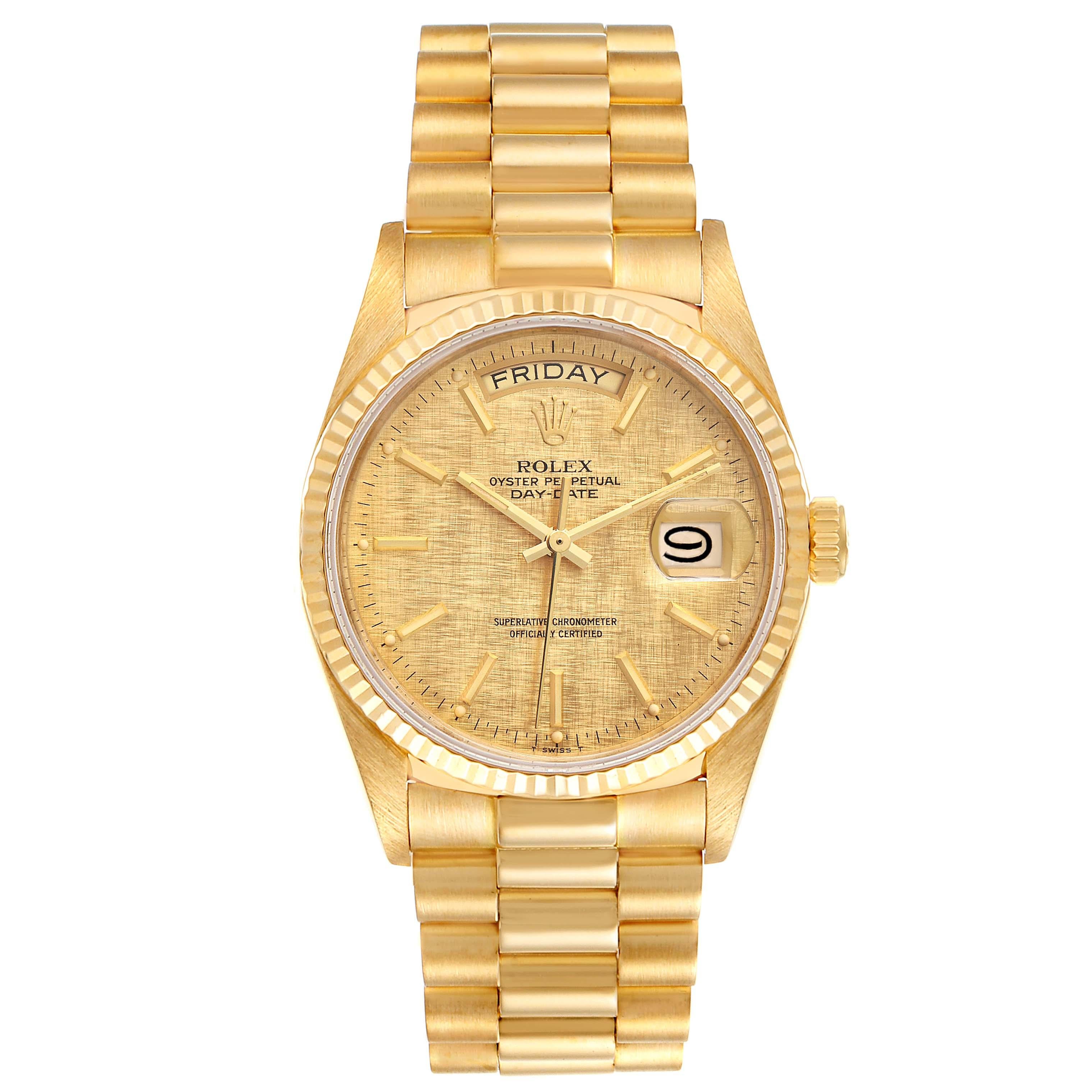 Rolex President Day-Date Yellow Gold Linen Dial Mens Watch 18038 In Excellent Condition For Sale In Atlanta, GA