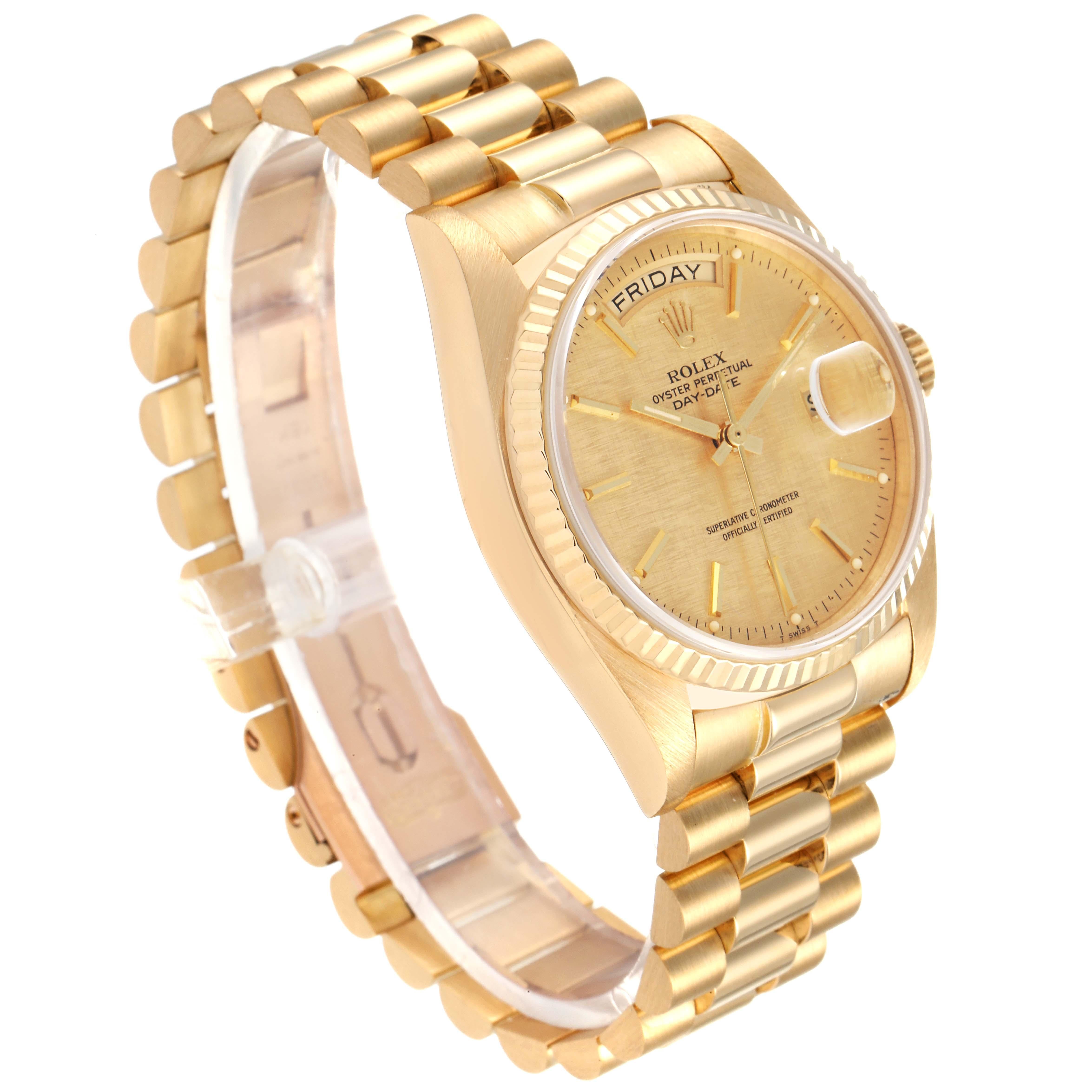 Women's or Men's Rolex President Day-Date Yellow Gold Linen Dial Mens Watch 18038 For Sale