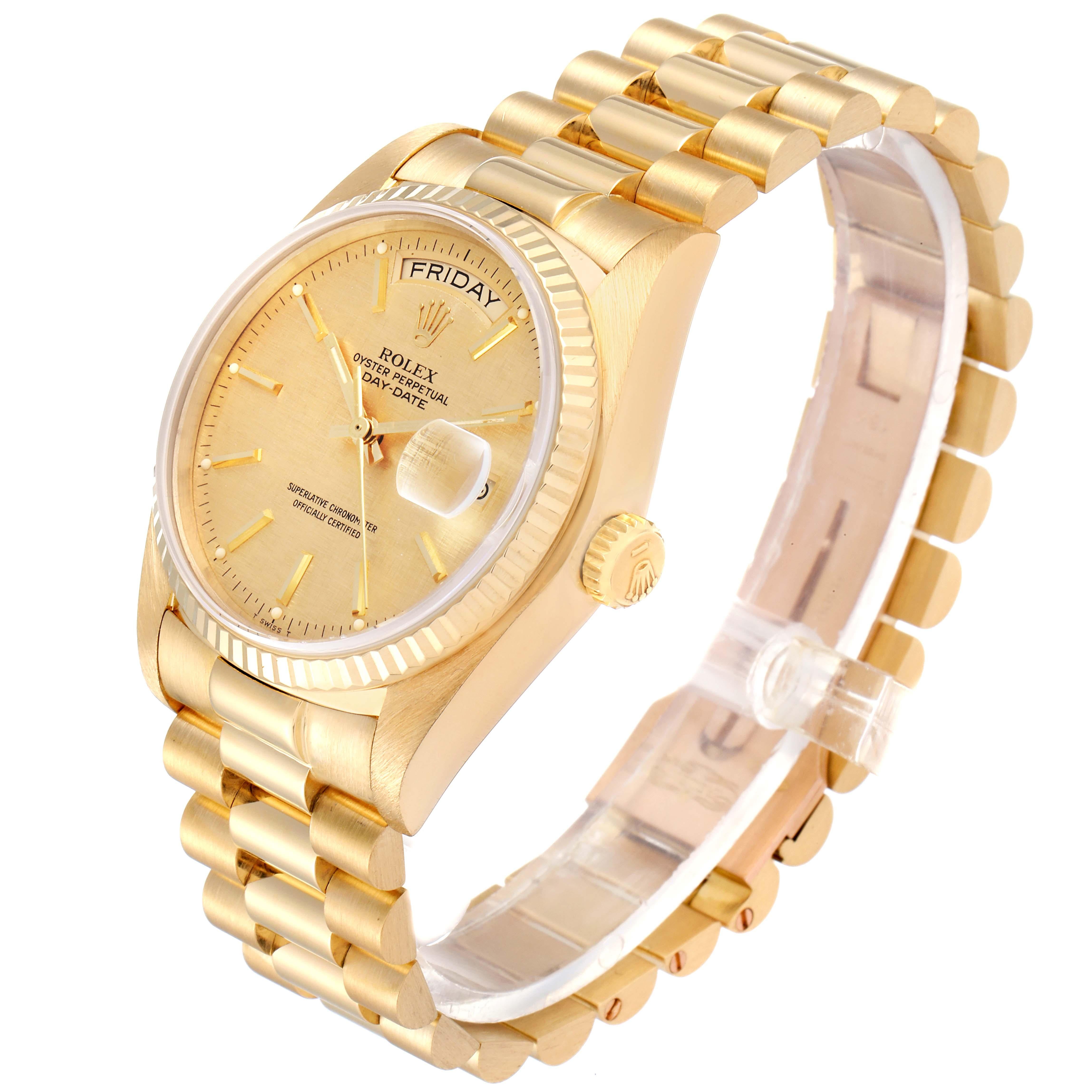 Rolex President Day-Date Yellow Gold Linen Dial Mens Watch 18038 For Sale 1