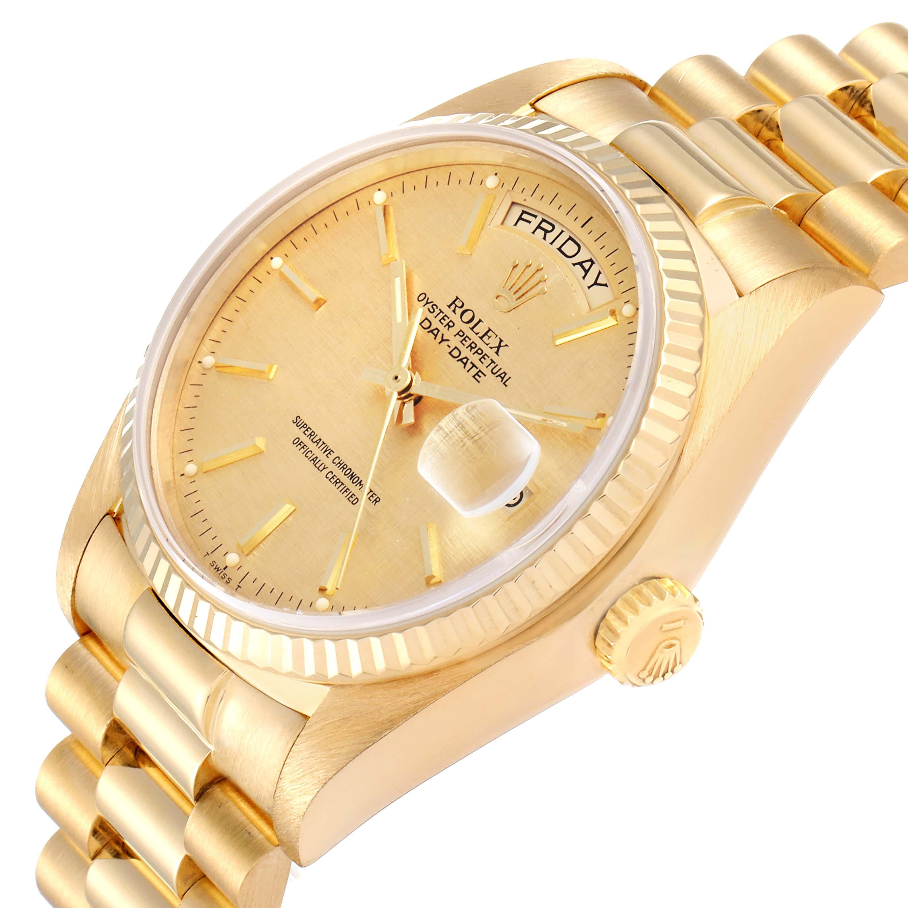 Rolex President Day-Date Yellow Gold Linen Dial Mens Watch 18038 For Sale 2