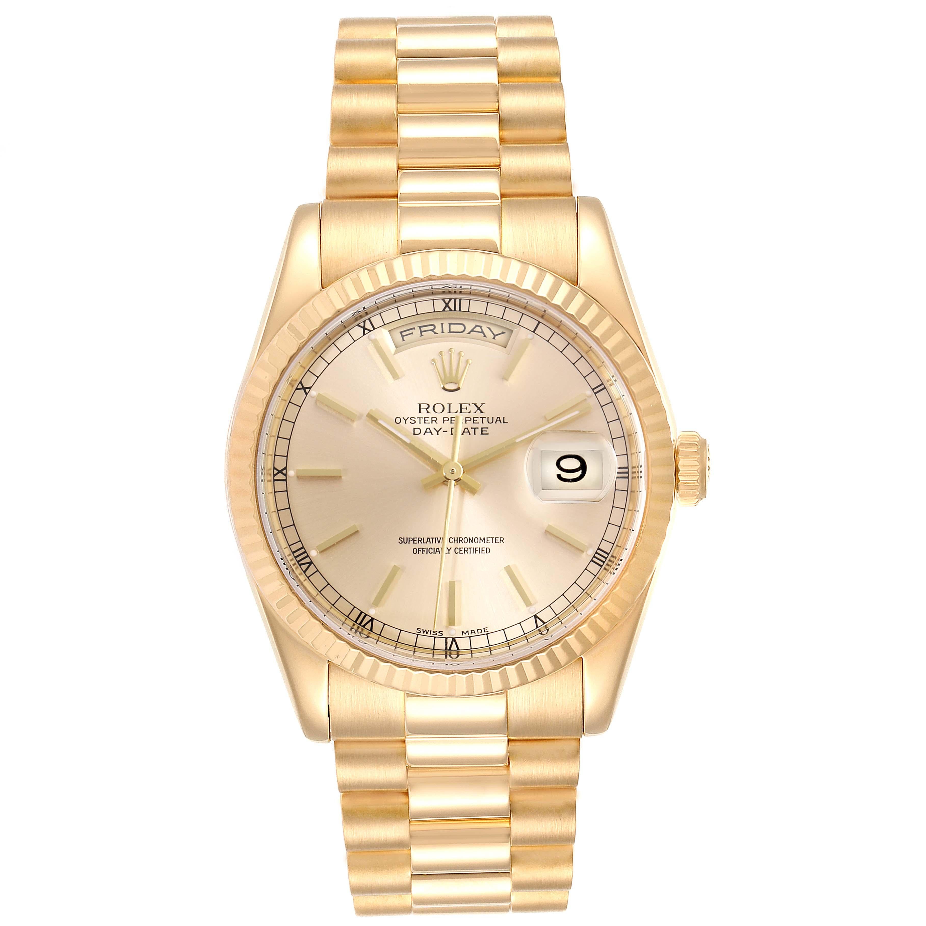 Rolex President Day Date 36mm Yellow Gold Mens Watch 118238 Box Papers. Officially certified chronometer self-winding movement. 18k yellow gold oyster case 36.0 mm in diameter. Rolex logo on a crown. 18K yellow gold fluted bezel. Scratch resistant