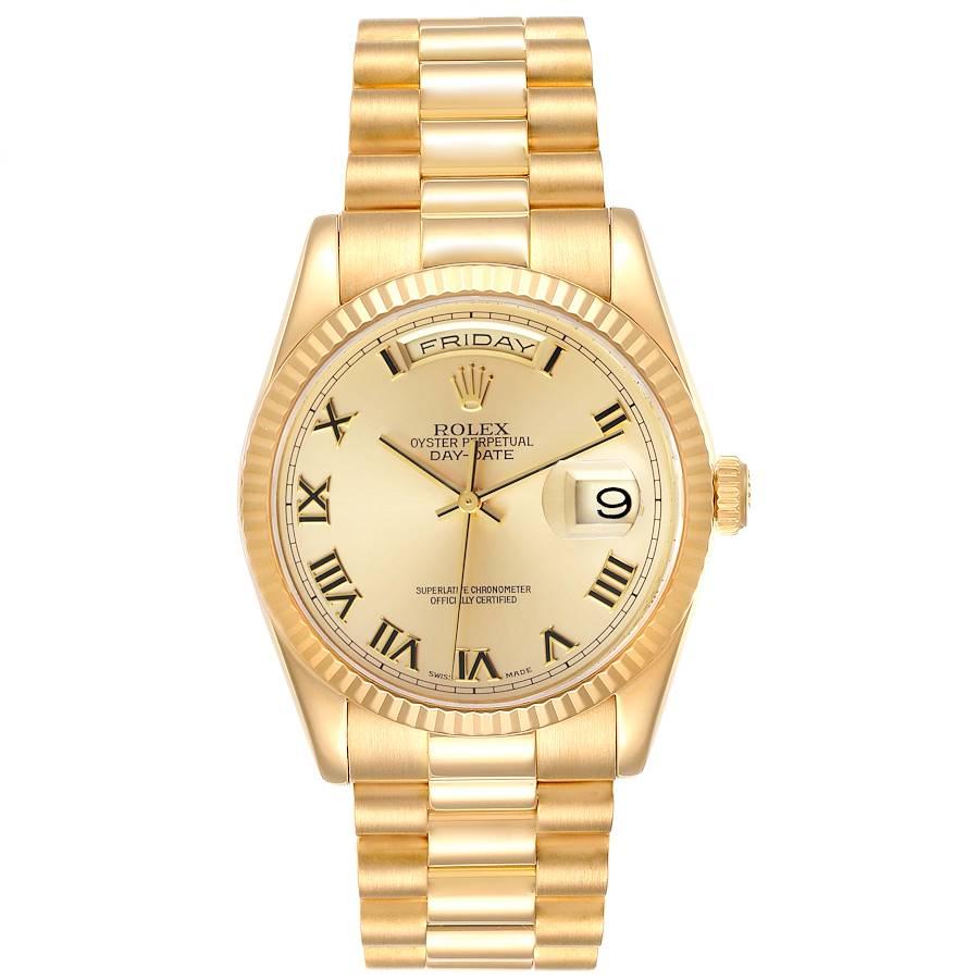 Rolex President Day Date 36mm Yellow Gold Mens Watch 118238 Box Papers. Officially certified chronometer self-winding movement. 18k yellow gold oyster case 36.0 mm in diameter. Rolex logo on a crown. 18K yellow gold fluted bezel. Scratch resistant