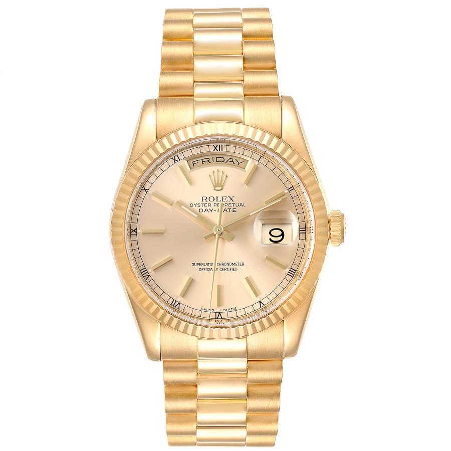 Rolex President Day Date 36mm Yellow Gold Mens Watch 118238. Officially certified chronometer self-winding movement. 18k yellow gold oyster case 36.0 mm in diameter. Rolex logo on a crown. 18K yellow gold fluted bezel. Scratch resistant sapphire