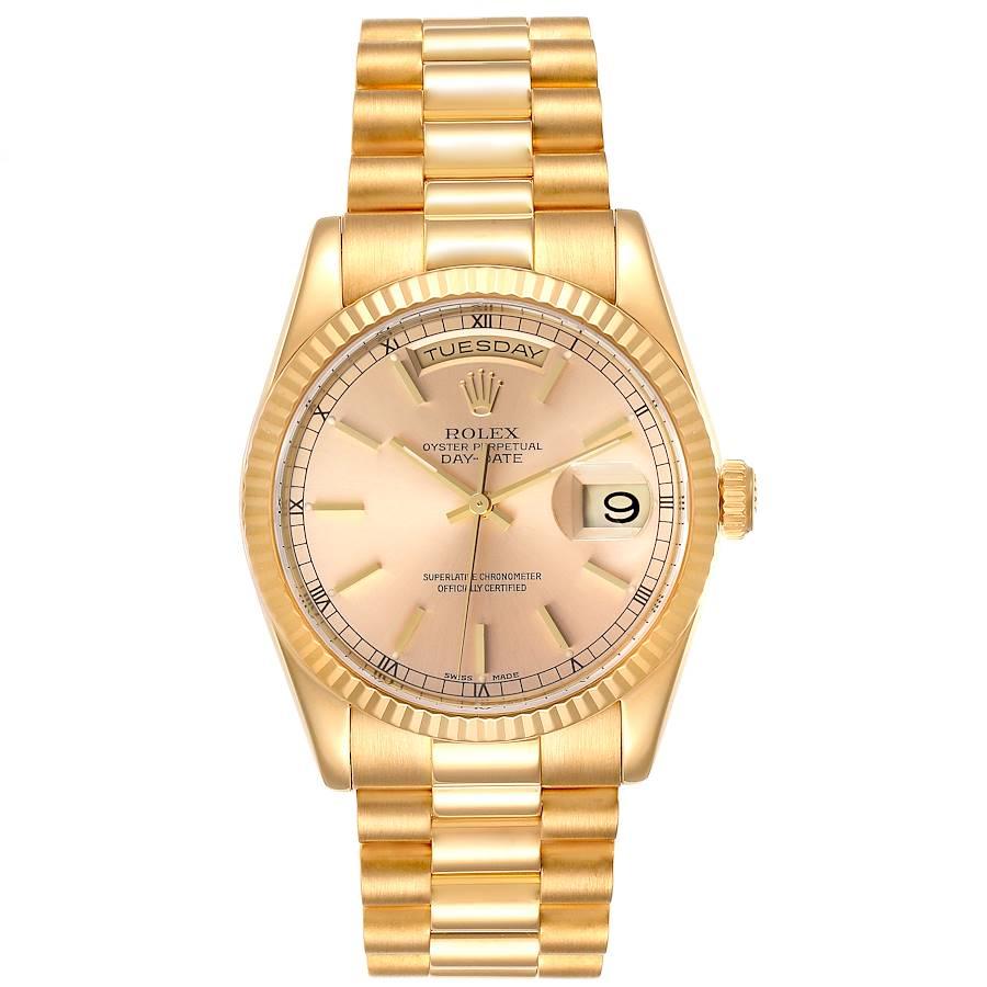 Rolex President Day Date 36mm Yellow Gold Mens Watch 118238. Officially certified chronometer self-winding movement. 18k yellow gold oyster case 36.0 mm in diameter. Rolex logo on a crown. 18K yellow gold fluted bezel. Scratch resistant sapphire