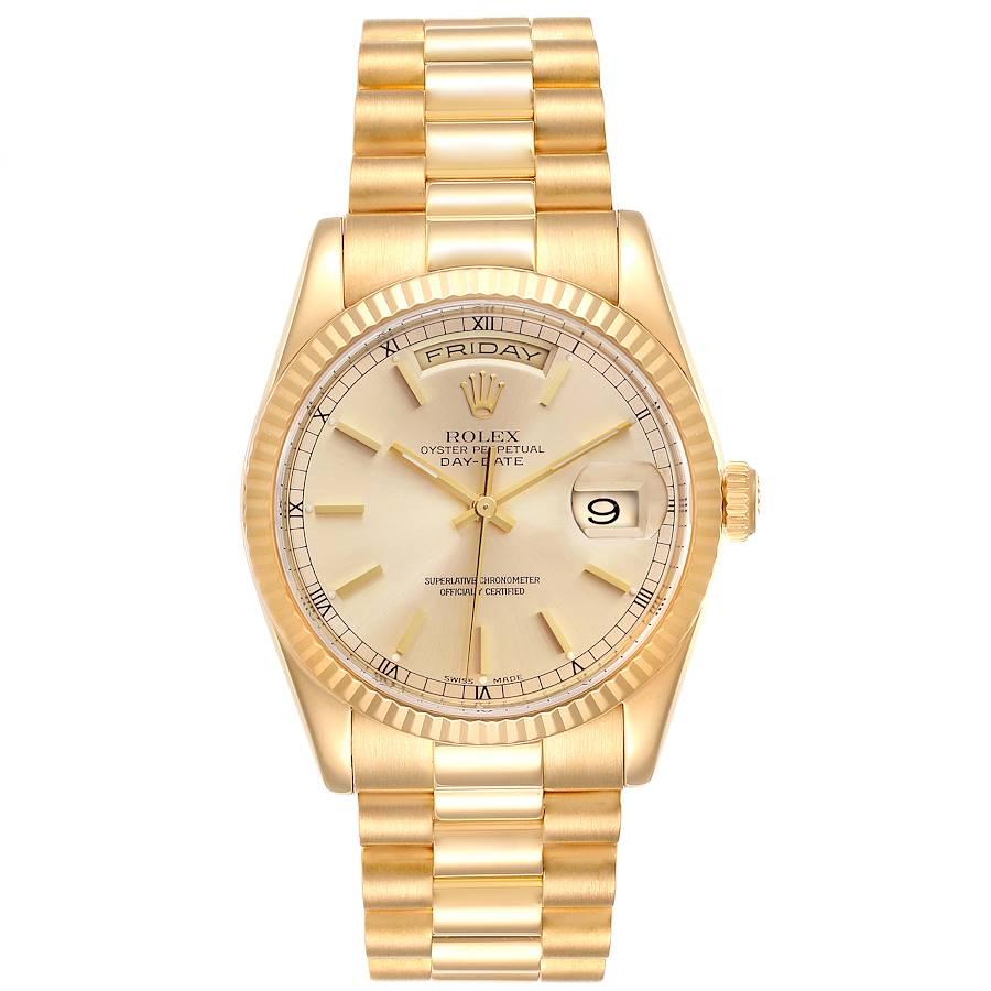 Rolex President Day Date 36mm Yellow Gold Mens Watch 118238. Officially certified chronometer self-winding movement. 18k yellow gold oyster case 36.0 mm in diameter. Rolex logo on a crown. 18K yellow gold fluted bezel. Scratch resistant sapphire