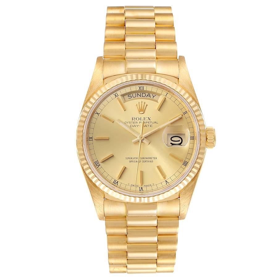 Rolex President Day-Date 36mm Yellow Gold Mens Watch 18038 Box. Officially certified chronometer self-winding movement. 18k yellow gold oyster case 36.0 mm in diameter. Rolex logo on a crown. 18k yellow gold fluted bezel. Scratch resistant sapphire
