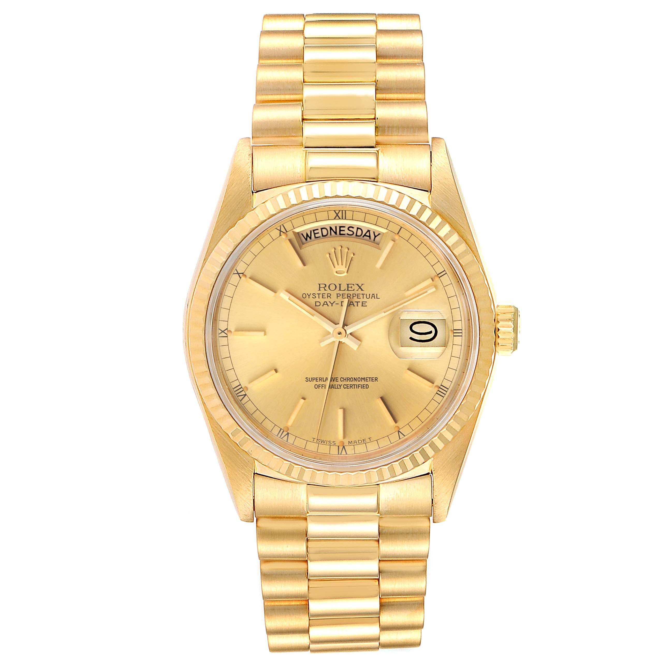 Rolex President Day-Date 36mm Yellow Gold Mens Watch 18038. Officially certified chronometer self-winding movement. 18k yellow gold oyster case 36.0 mm in diameter.  Rolex logo on a crown. 18k yellow gold fluted bezel. Scratch resistant sapphire