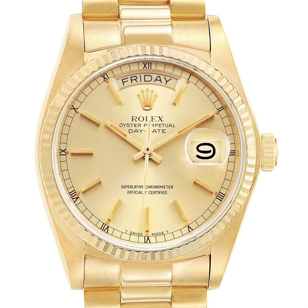 Rolex President Day-Date 36mm Yellow Gold Mens Watch 18038. Officially certified chronometer self-winding movement. 18k yellow gold oyster case 36.0 mm in diameter. Rolex logo on a crown. 18k yellow gold fluted bezel. Scratch resistant sapphire