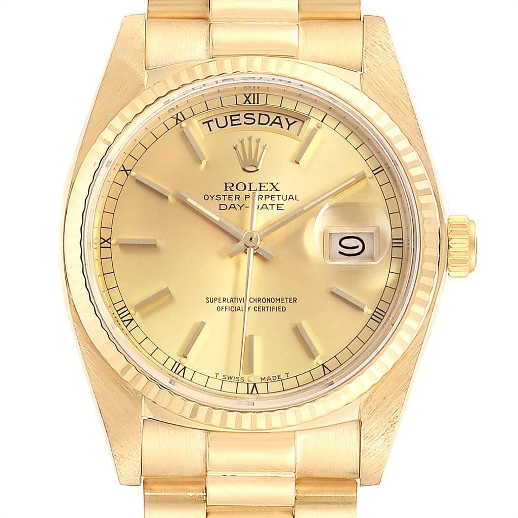 Rolex President Day-Date 36mm Yellow Gold Mens Watch 18038. Officially certified chronometer self-winding movement. 18k yellow gold oyster case 36.0 mm in diameter.Rolex logo on a crown. 18k yellow gold fluted bezel. Scratch resistant sapphire