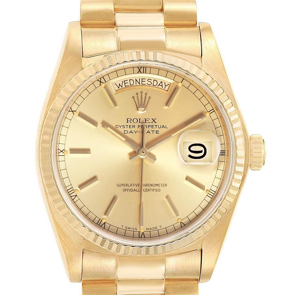Rolex President Day-Date 36mm Yellow Gold Mens Watch 18038. Officially certified chronometer automatic self-winding movement. 18k yellow gold oyster case 36.0 mm in diameter.Rolex logo on a crown. 18k yellow gold fluted bezel. Scratch resistant