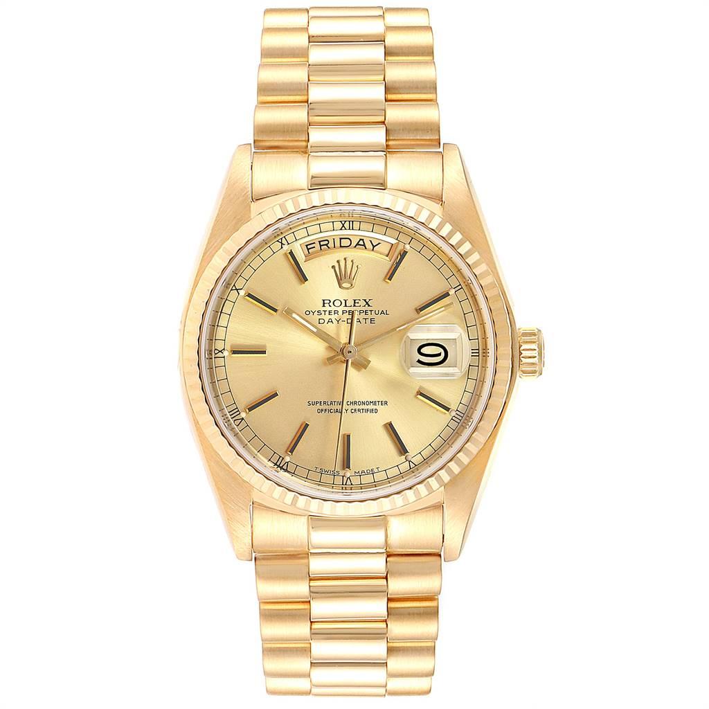 Rolex President Day-Date 36mm Yellow Gold Mens Watch 18038. Officially certified chronometer self-winding movement. 18k yellow gold oyster case 36.0 mm in diameter.  Rolex logo on a crown. 18k yellow gold fluted bezel. Scratch resistant sapphire