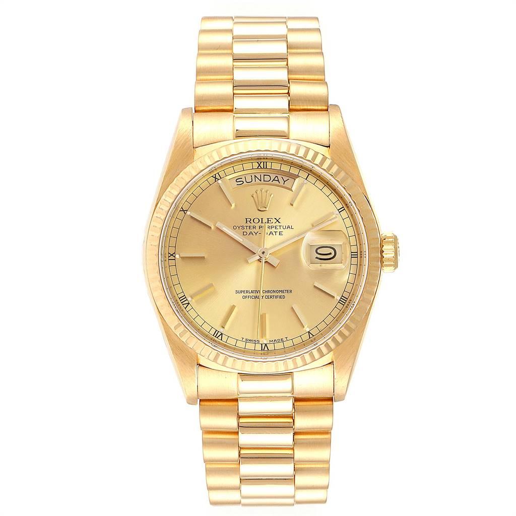 Rolex President Day-Date 36mm Yellow Gold Mens Watch 18038. Officially certified chronometer self-winding movement. 18k yellow gold oyster case 36.0 mm in diameter.  Rolex logo on a crown. 18k yellow gold fluted bezel. Scratch resistant sapphire