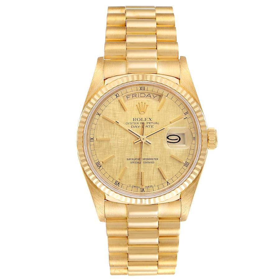 Rolex President Day-Date 36mm Yellow Gold Mens Watch 18038. Officially certified chronometer self-winding movement. 18k yellow gold oyster case 36.0 mm in diameter. Rolex logo on a crown. 18k yellow gold fluted bezel. Scratch resistant sapphire