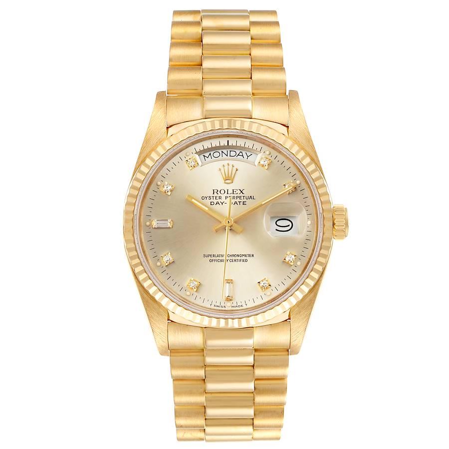 Rolex President Day-Date 36mm Yellow Gold Silver Dial Mens Watch 18038 Box. Officially certified chronometer self-winding movement. 18k yellow gold oyster case 36.0 mm in diameter. Rolex logo on a crown. 18k yellow gold fluted bezel. Scratch