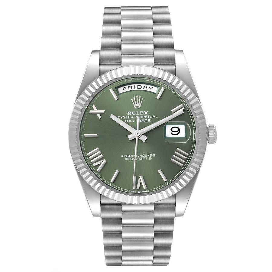 Rolex President Day-Date 40 Green Dial White Gold Watch 228239 Unworn. Officially certified chronometer self-winding movement. Double quick set function. 18K white gold oyster case 40.0 mm in diameter. Rolex logo on a crown. 18k white gold fluted