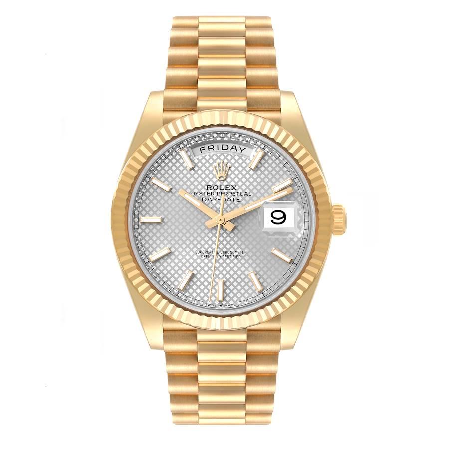 Rolex President Day-Date 40 Yellow Gold Silver Diagonal Dial Mens Watch 228238 Box Card. Officially certified chronometer self-winding movement. Double quick set function. 18k yellow gold oyster case 40.0 mm in diameter.  Rolex logo on the crown.