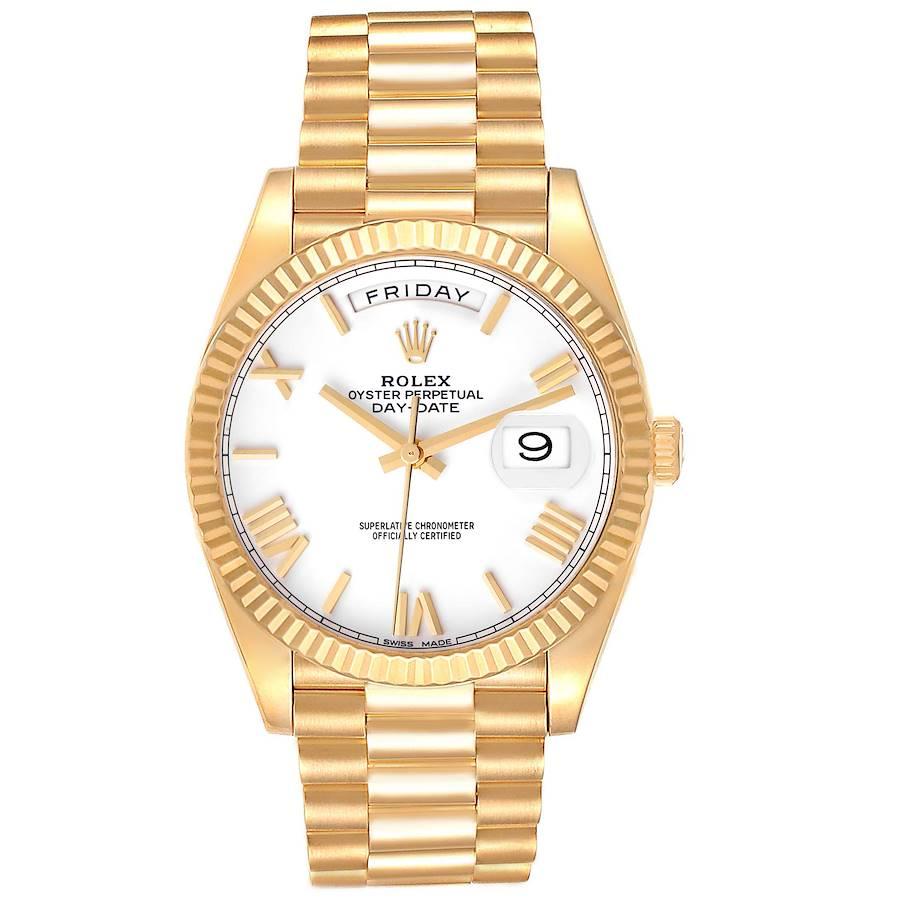 Rolex President Day-Date 40 Yellow Gold White Dial Mens Watch 228238 Box Card. Officially certified chronometer self-winding movement. Double quick set function. 18k yellow gold oyster case 40.0 mm in diameter. Rolex logo on a crown. 18K yellow gold