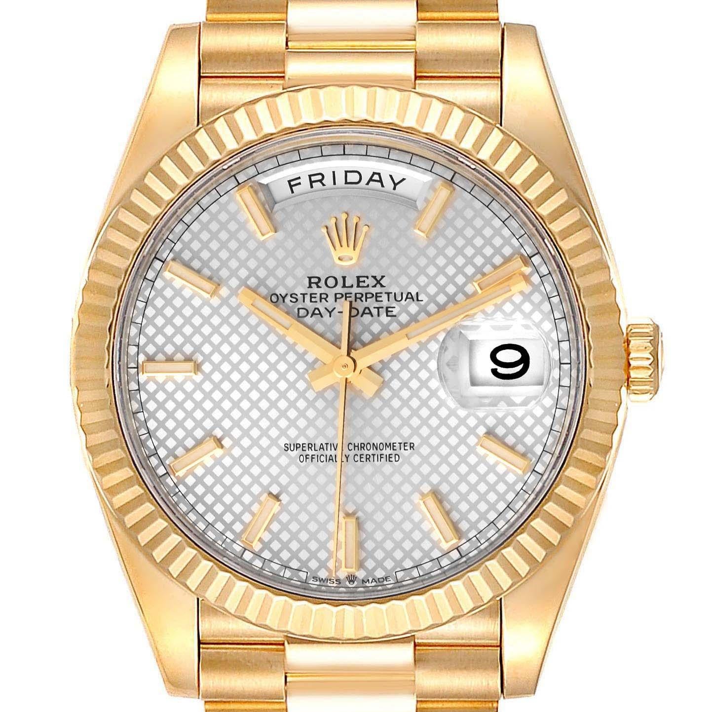 Rolex President Day-Date 40mm 18K Yellow Gold Mens Watch 228238 Unworn. Officially certified chronometer self-winding movement. Double quick set function. 18k yellow gold oyster case 40.0 mm in diameter. Rolex logo on a crown. 18K yellow gold fluted