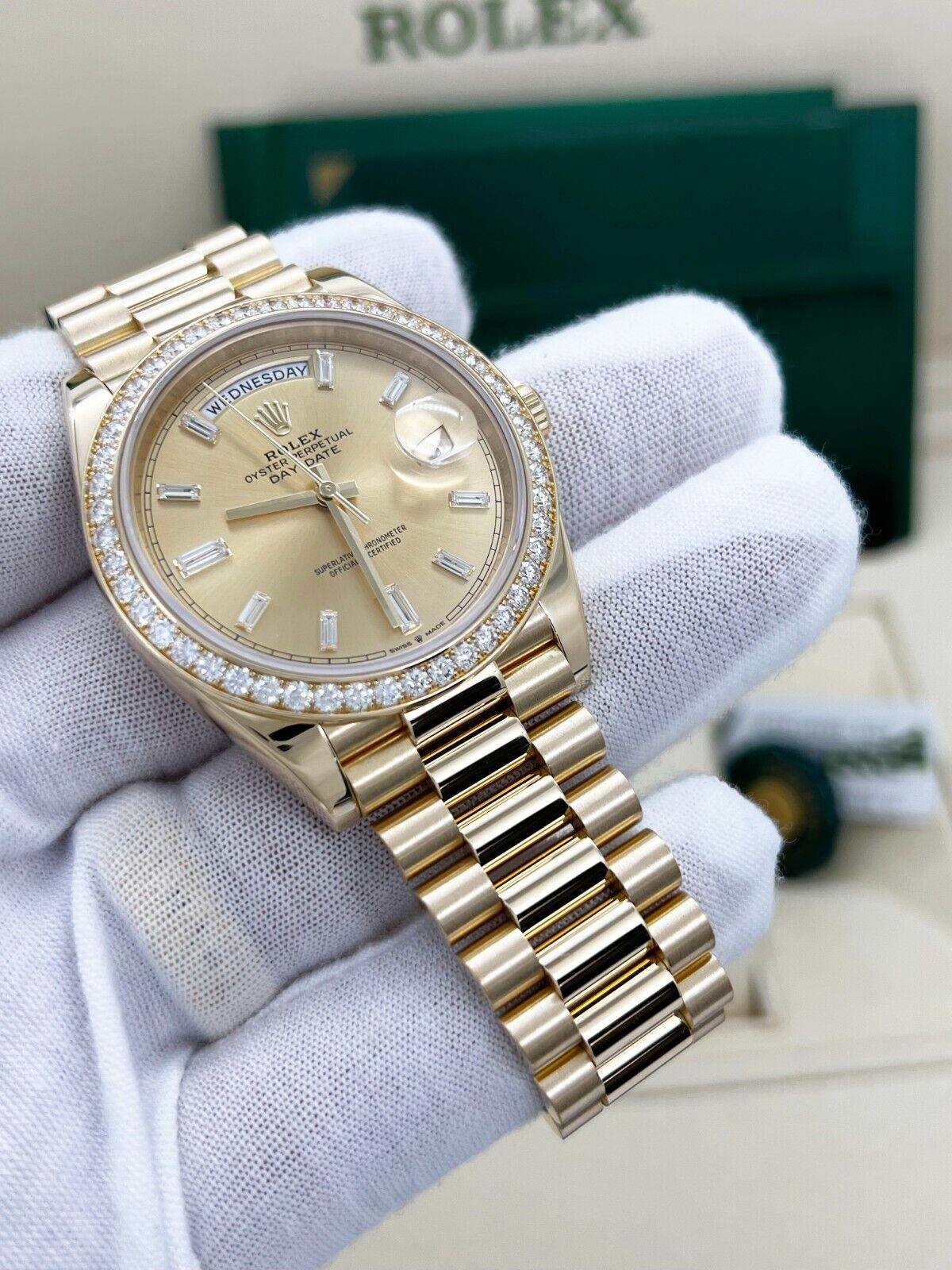Rolex President Day Date 40mm 228348RBR Factory Diamonds 18K Gold Box Paper In Excellent Condition For Sale In San Diego, CA