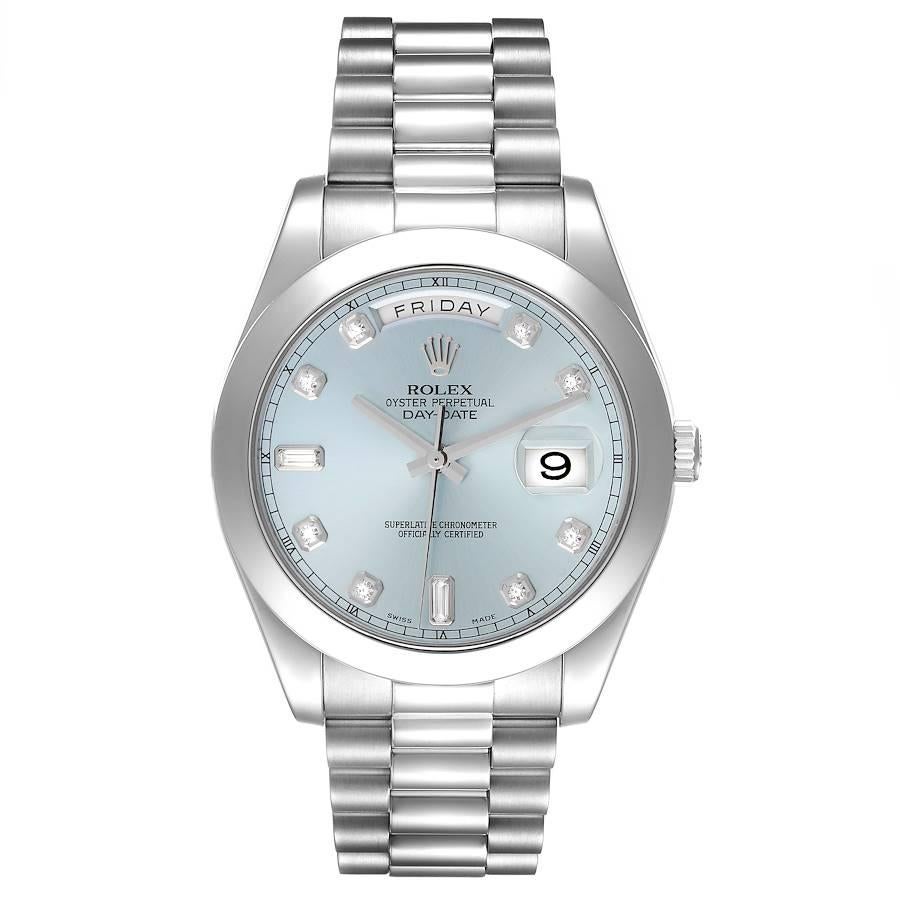 Rolex President Day-Date 41 Blue Diamond Dial Platinum Mens Watch 218206. Officially certified chronometer self-winding movement. Double quick set function. Platinum oyster case 41.0 mm in diameter.  Rolex logo on a crown. Platinum smooth bezel.