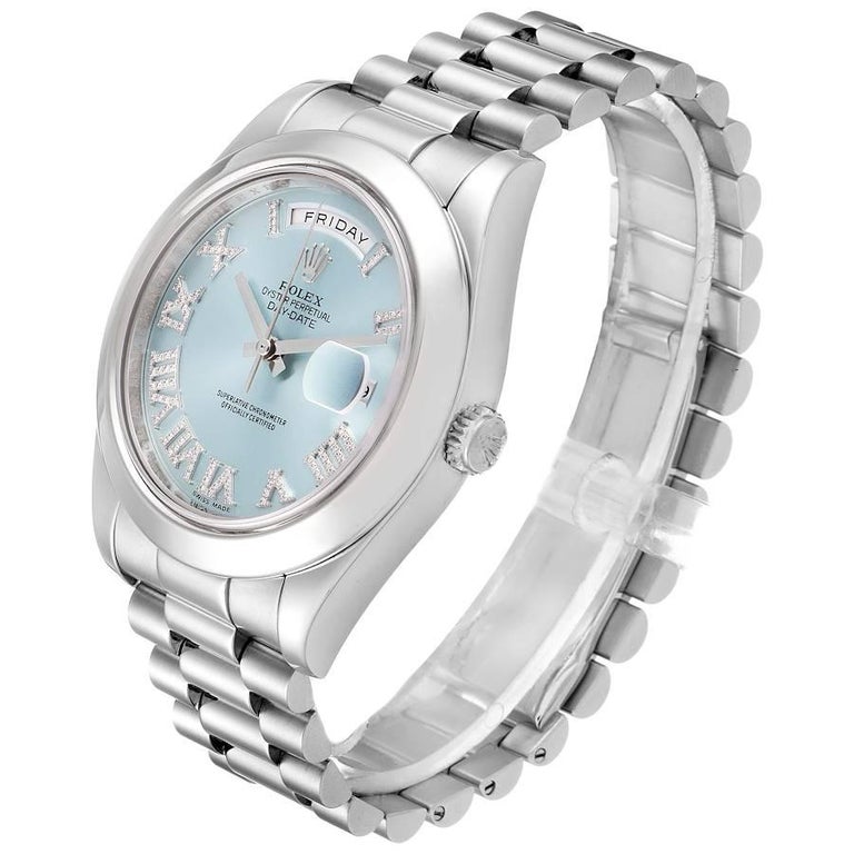 Rolex President DayDate 41 Blue Diamond Dial Platinum Watch 218206 Box Card For Sale at 1stDibs