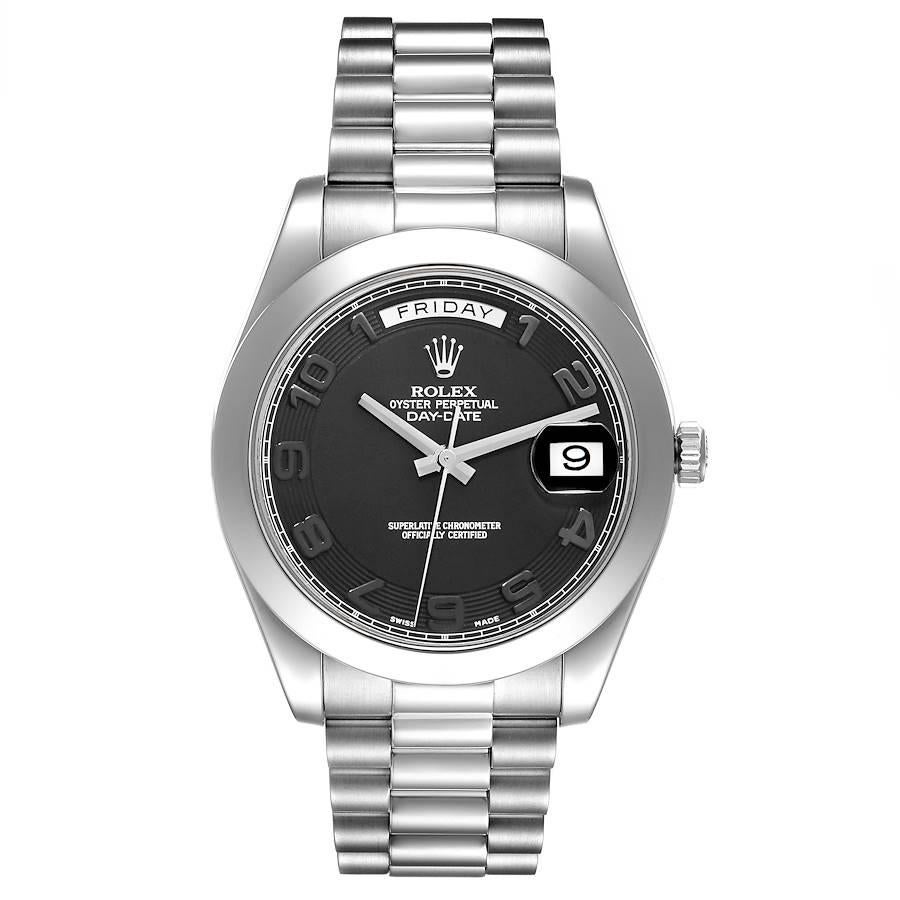 Rolex President Day-Date 41 Matte Black Dial Platinum Mens Watch 218206 Box Card. Officially certified chronometer self-winding movement. Double quick set function. Platinum oyster case 41.0 mm in diameter.  Rolex logo on a crown. Platinum smooth